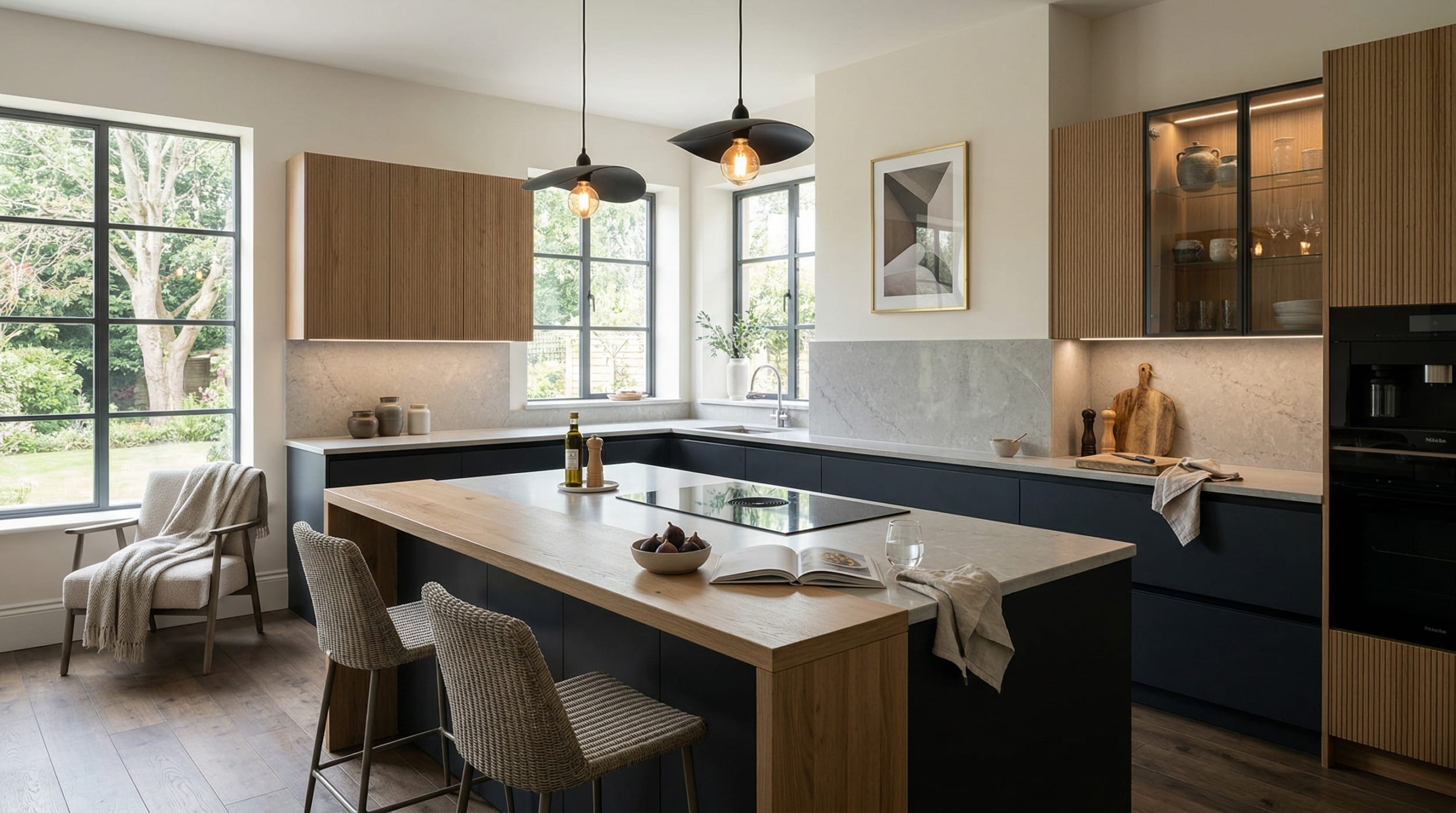 hero_1200x675-114 Wide view of a newly completed bespoke Mastercraft kitchen, matt painted handleless slab cabinetry in stone tones