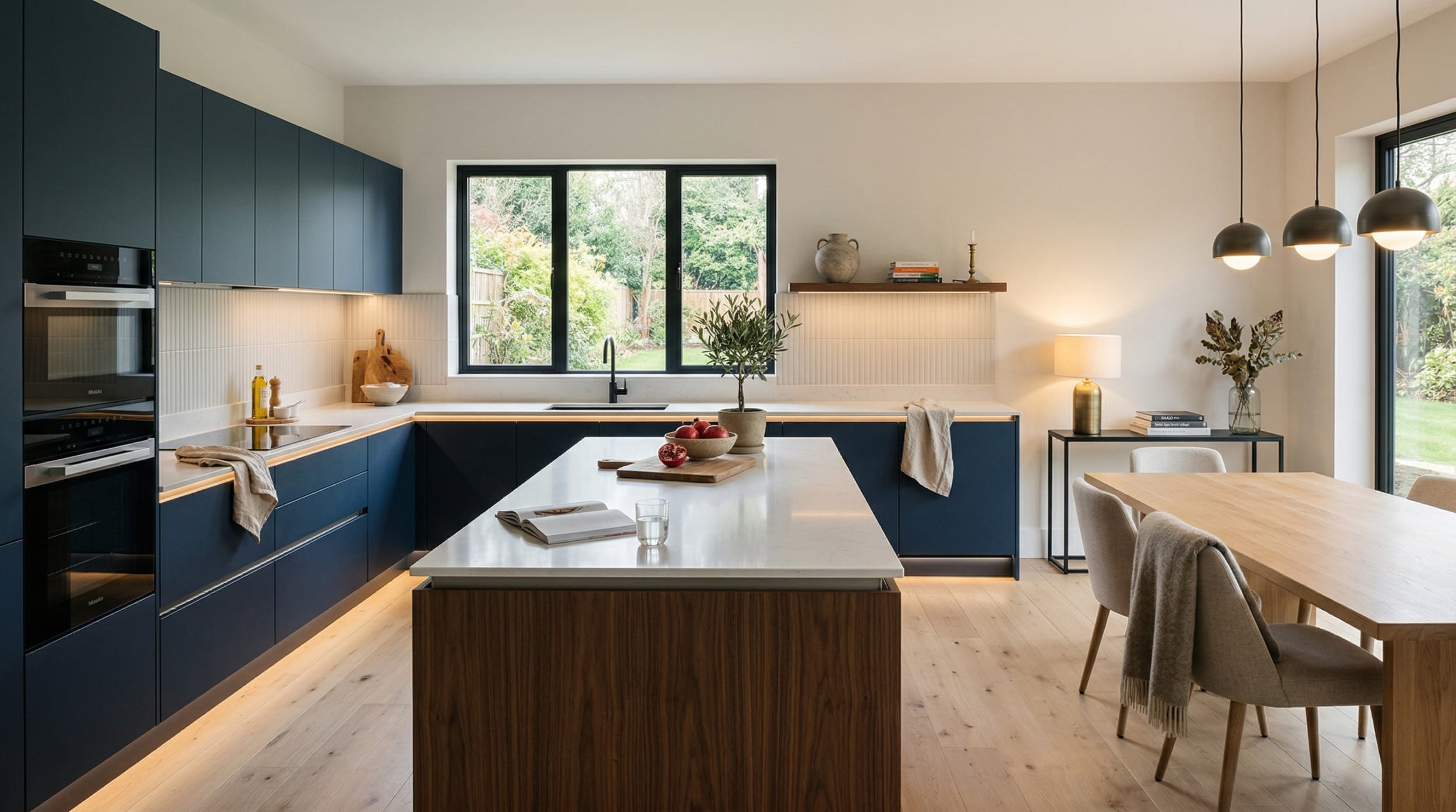 Wide view of a newly completed bespoke Mastercraft kitchen, modern shaker cabinetry in light grey tones