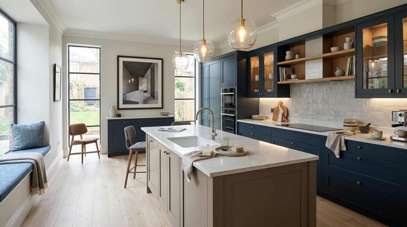 hero_1200x675-116 Wide view of a newly completed bespoke Mastercraft kitchen, timber veneer slab-door cabinetry in cardamom tones