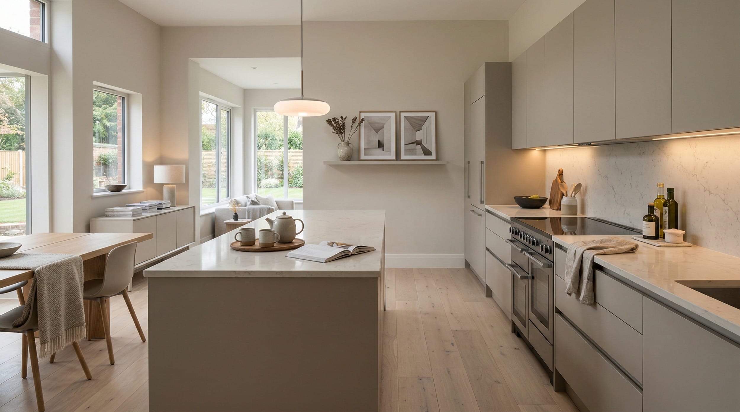 Wide view of a newly completed bespoke Mastercraft kitchen, modern shaker cabinetry in parisian blue tones