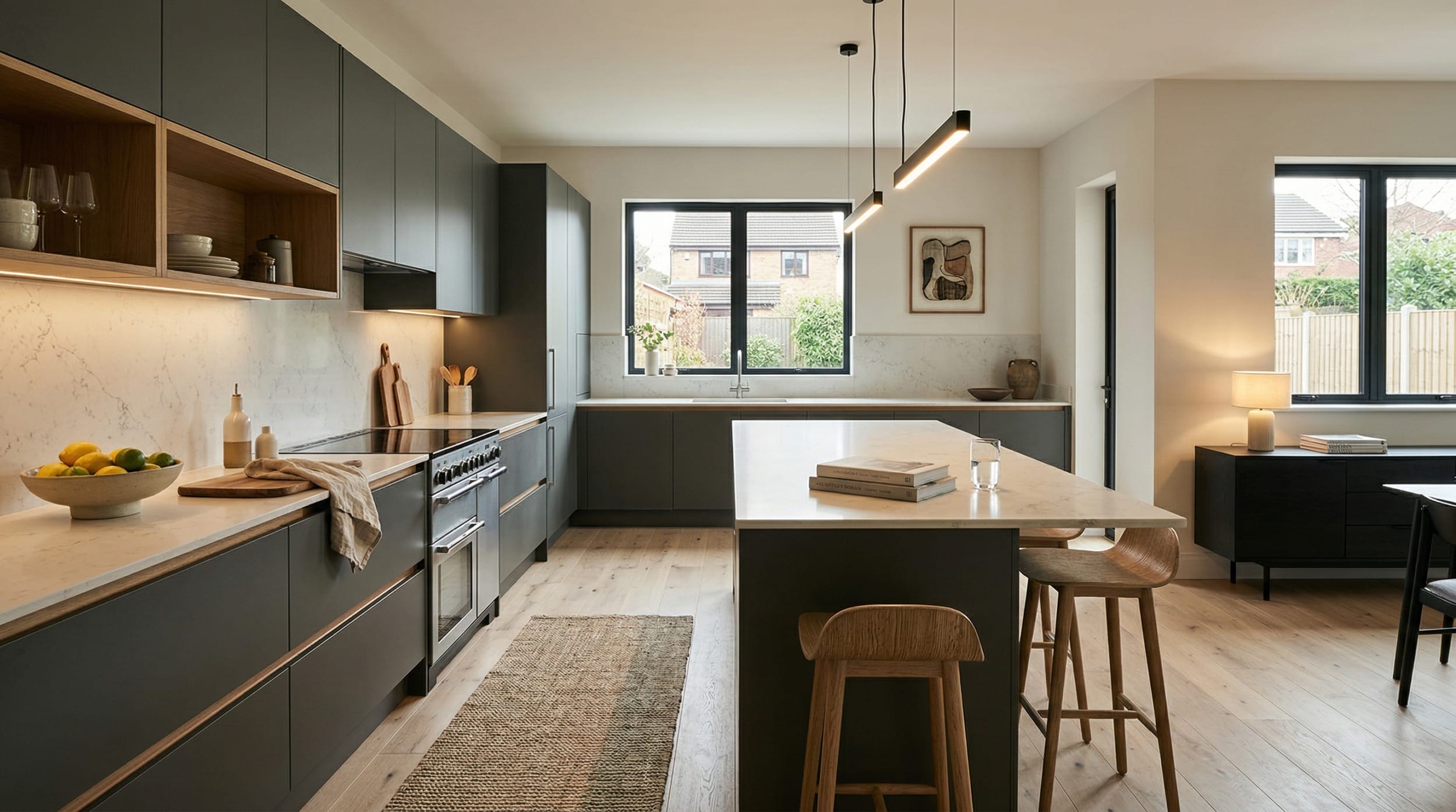 Wide view of a newly completed bespoke Mastercraft kitchen, timber veneer slab-door cabinetry in reed green tones