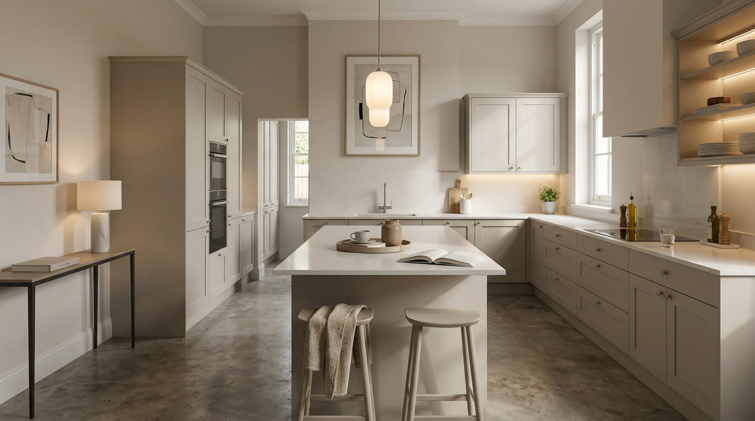 hero_1200x675-119 Wide view of a newly completed bespoke Mastercraft kitchen, modern shaker cabinetry in airforce tones