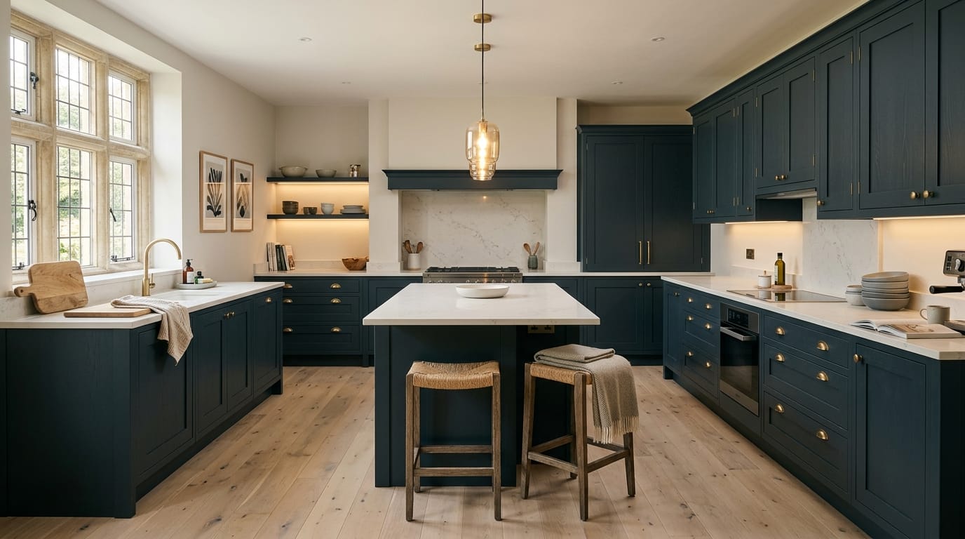 Wide view of a newly completed bespoke Mastercraft kitchen, matt painted handleless slab cabinetry in porcelain tones