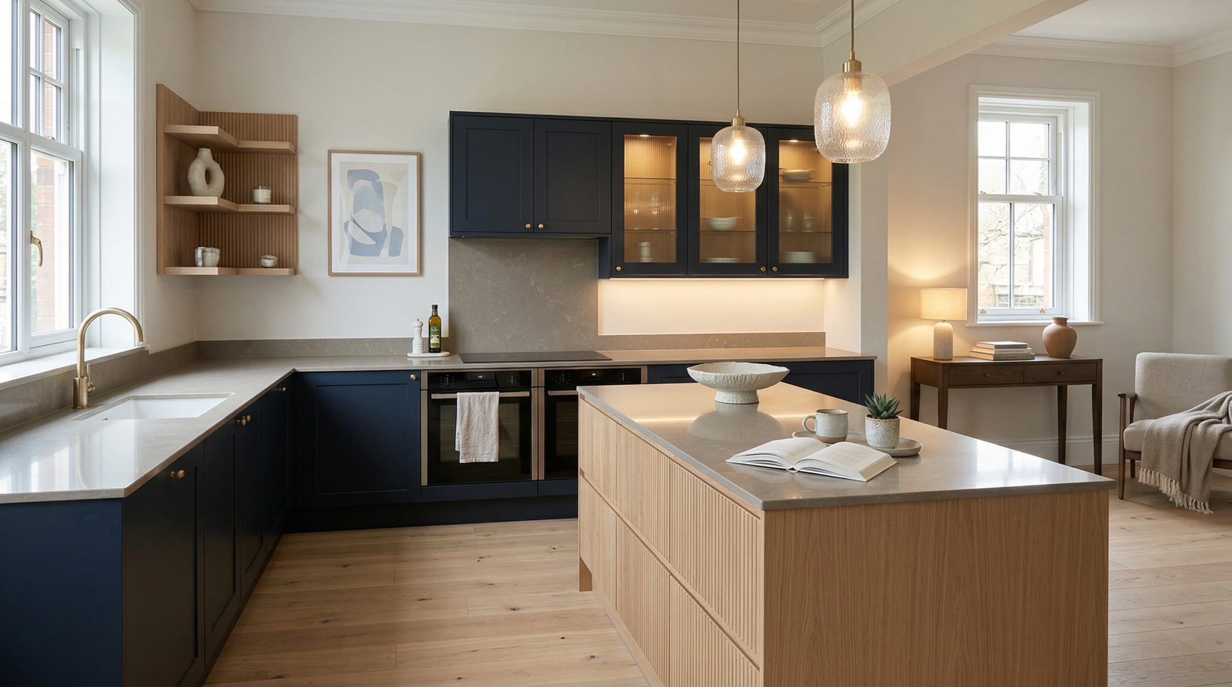 hero_1200x675-120 Wide view of a newly completed bespoke Mastercraft kitchen, matt painted handleless slab cabinetry in heritage green tones