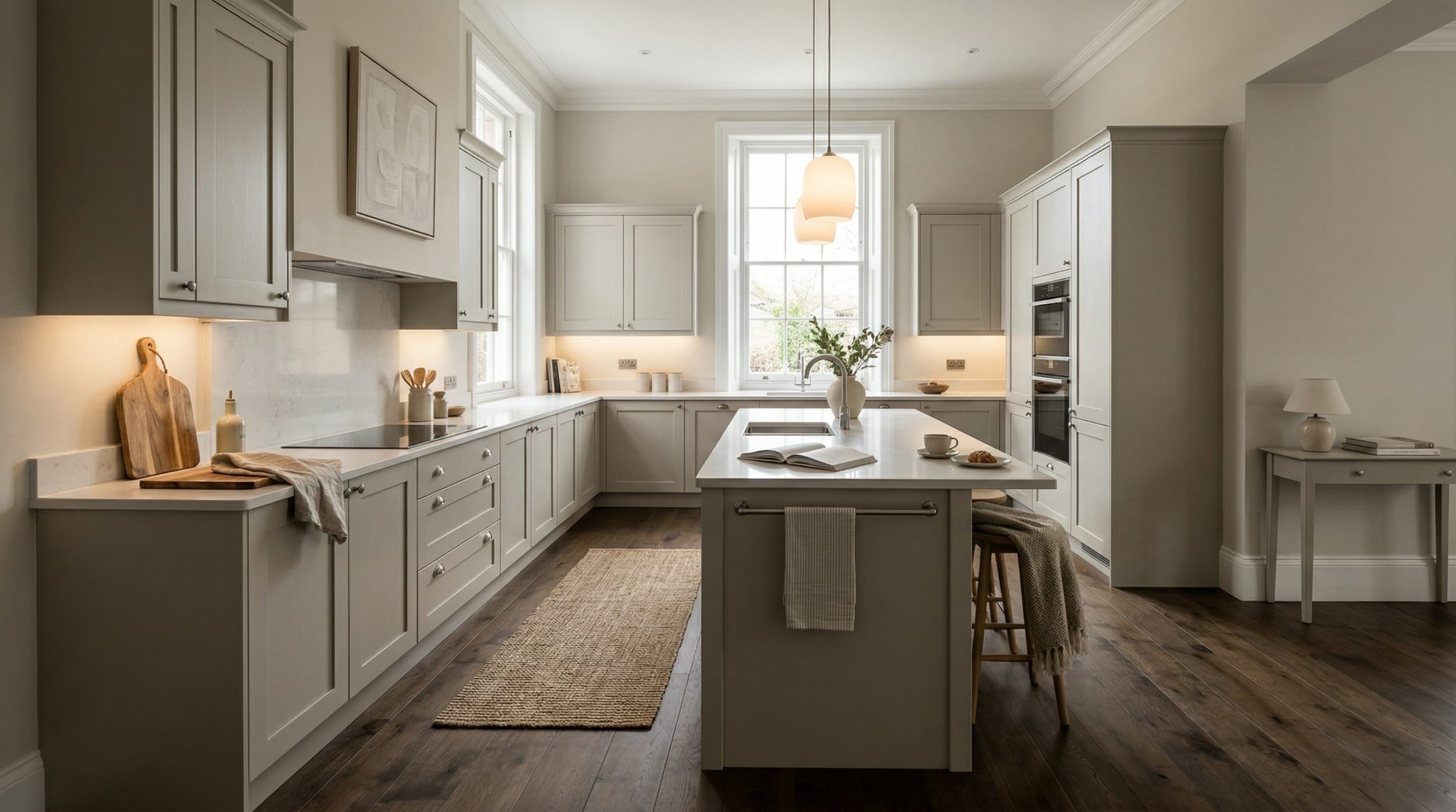 hero_1200x675-121 Wide view of a newly completed bespoke Mastercraft kitchen, matt painted handleless slab cabinetry in taupe grey tones