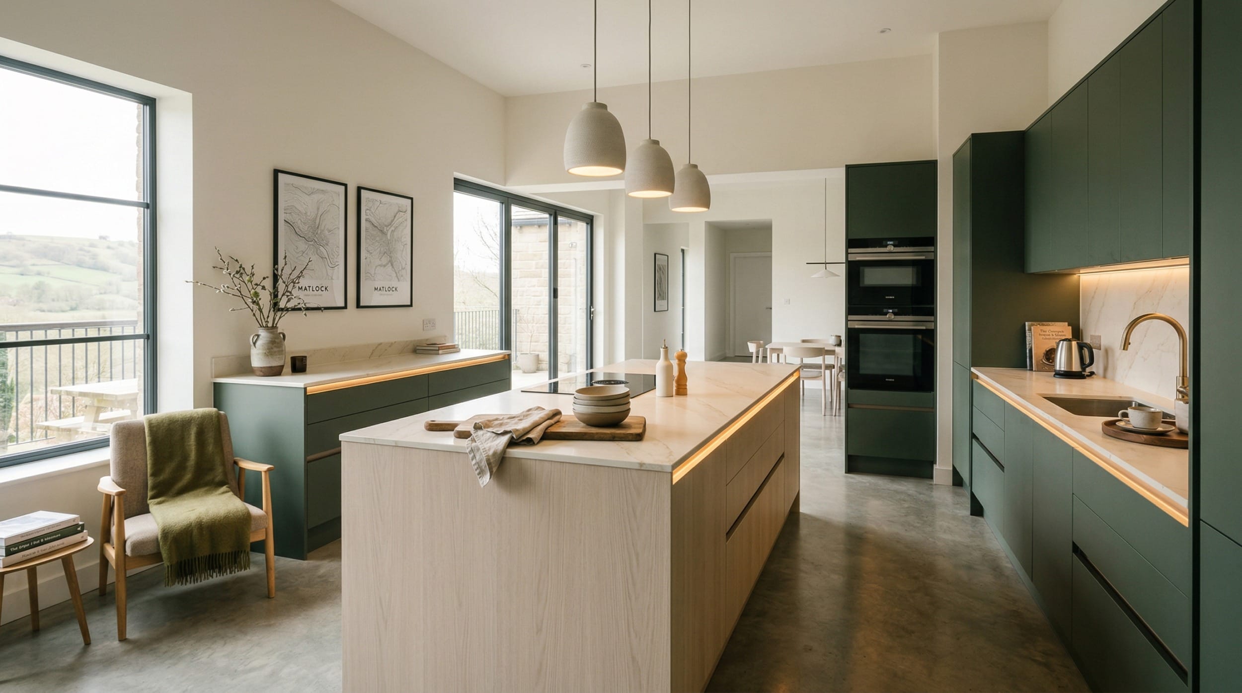 hero_1200x675-122 Wide view of a newly completed bespoke Mastercraft kitchen, contemporary painted lay-on cabinetry in heritage green tones