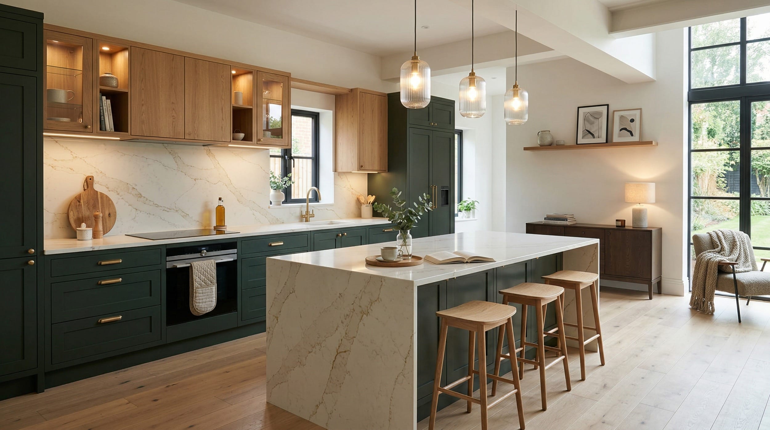 Wide view of a newly completed bespoke Mastercraft kitchen, contemporary painted lay-on cabinetry in cardamom tones