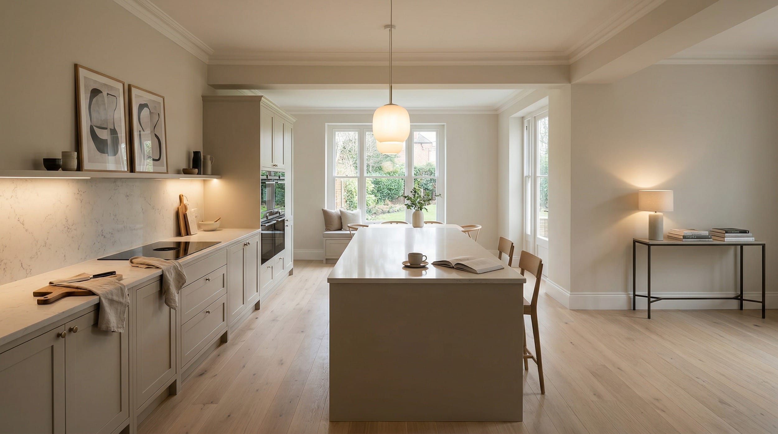 Wide view of a newly completed bespoke Mastercraft kitchen, contemporary painted lay-on cabinetry in cashmere tones