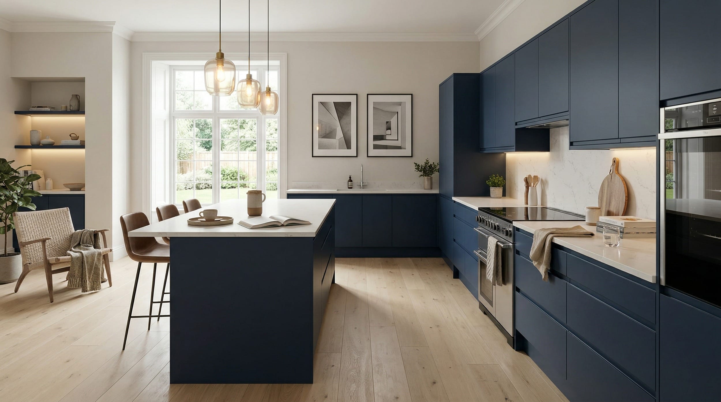 hero_1200x675-125 Wide view of a newly completed bespoke Mastercraft kitchen, contemporary painted lay-on cabinetry in mussel tones