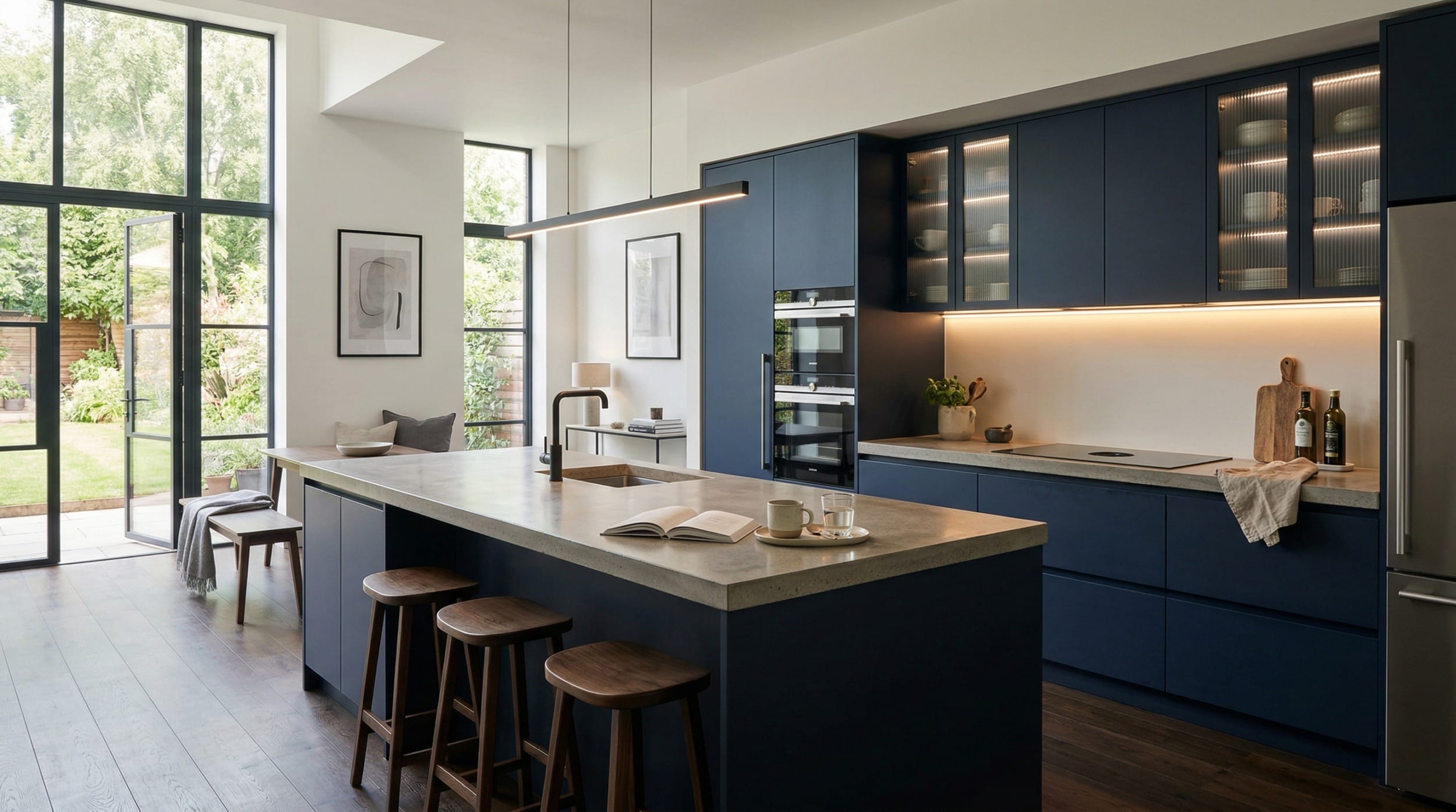 hero_1200x675-128 Wide view of a newly completed bespoke Mastercraft kitchen, matt painted handleless slab cabinetry in pantry blue tones