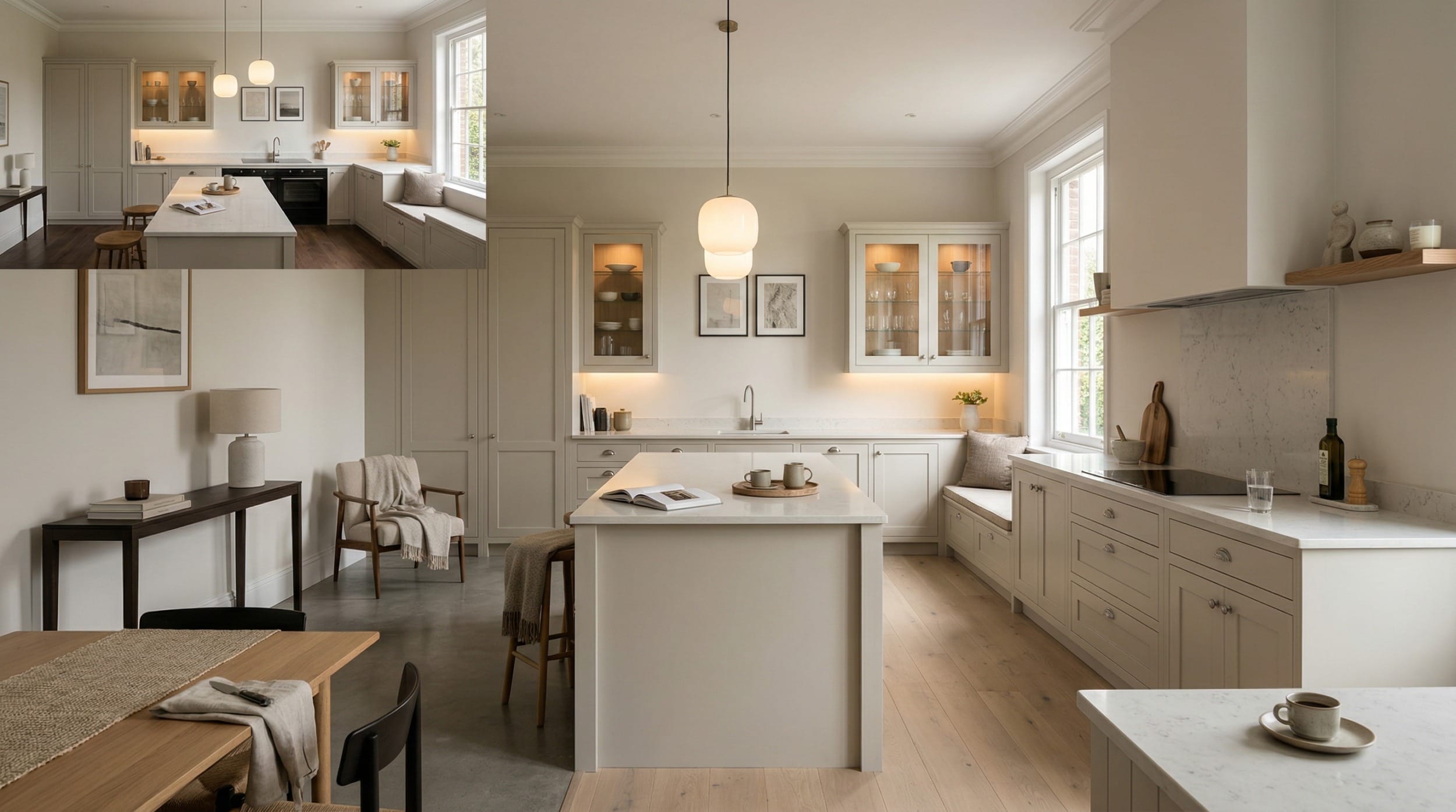 Wide view of a newly completed bespoke Mastercraft kitchen, contemporary painted lay-on cabinetry in graphite tones