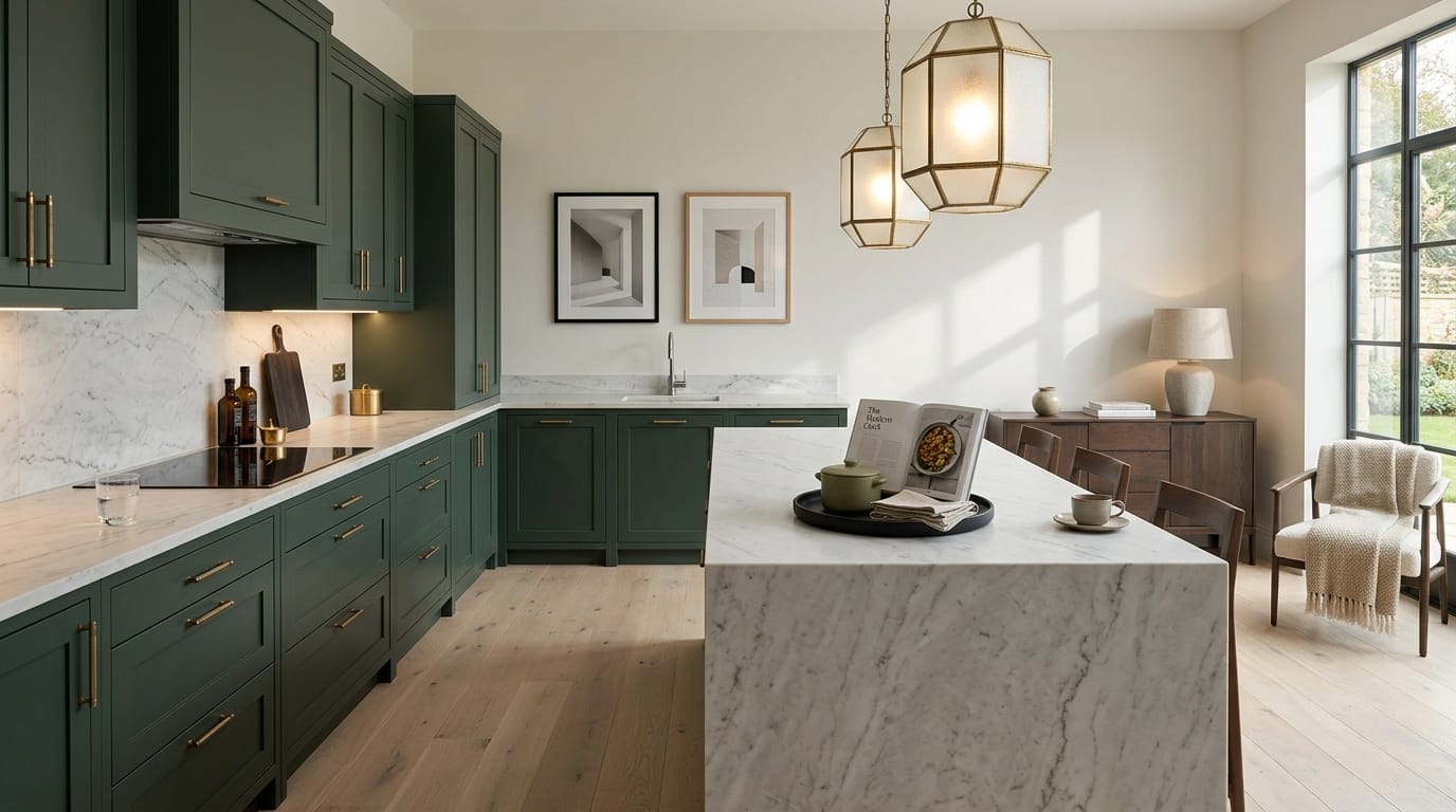 hero_1200x675-13 Wide view of a newly completed bespoke Mastercraft kitchen, matt painted handleless slab cabinetry in viridian tones