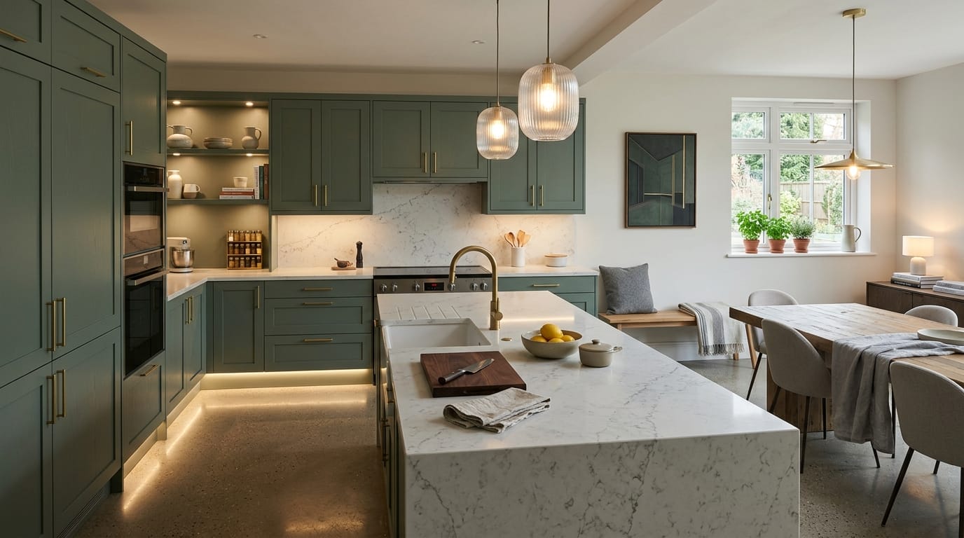 hero_1200x675-130 Wide view of a newly completed bespoke Mastercraft kitchen, matt painted handleless slab cabinetry in willow tones