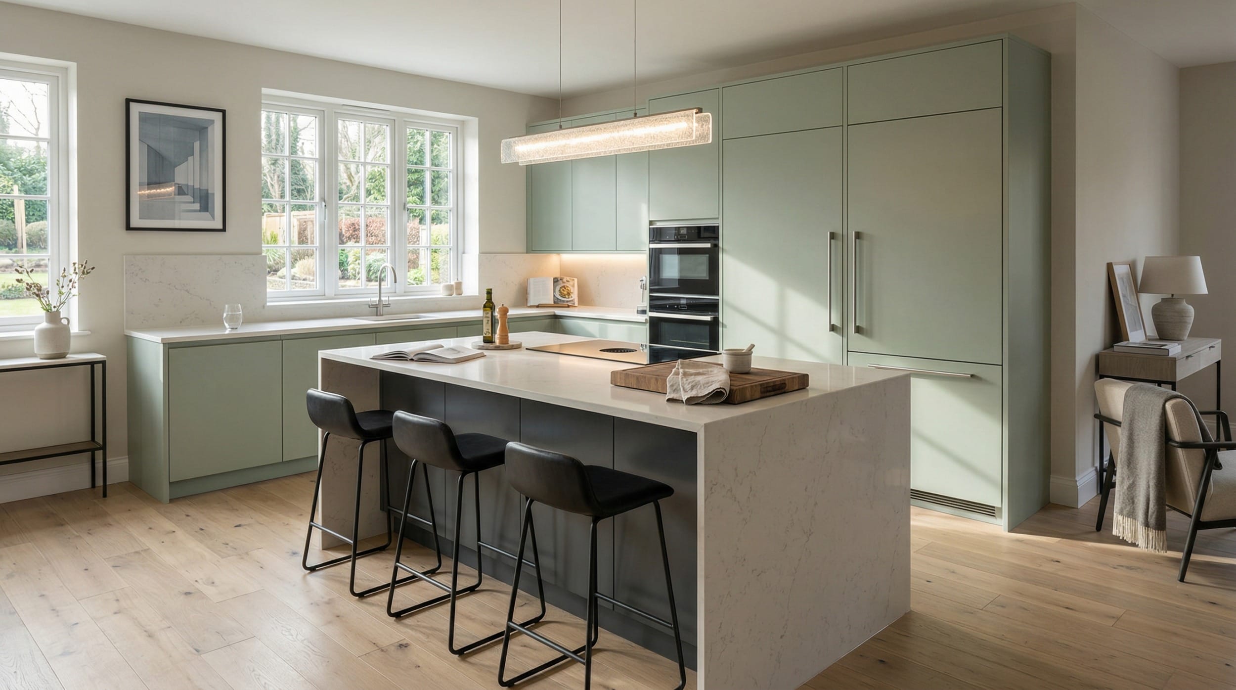 Wide view of a newly completed bespoke Mastercraft kitchen, timber veneer slab-door cabinetry in willow tones