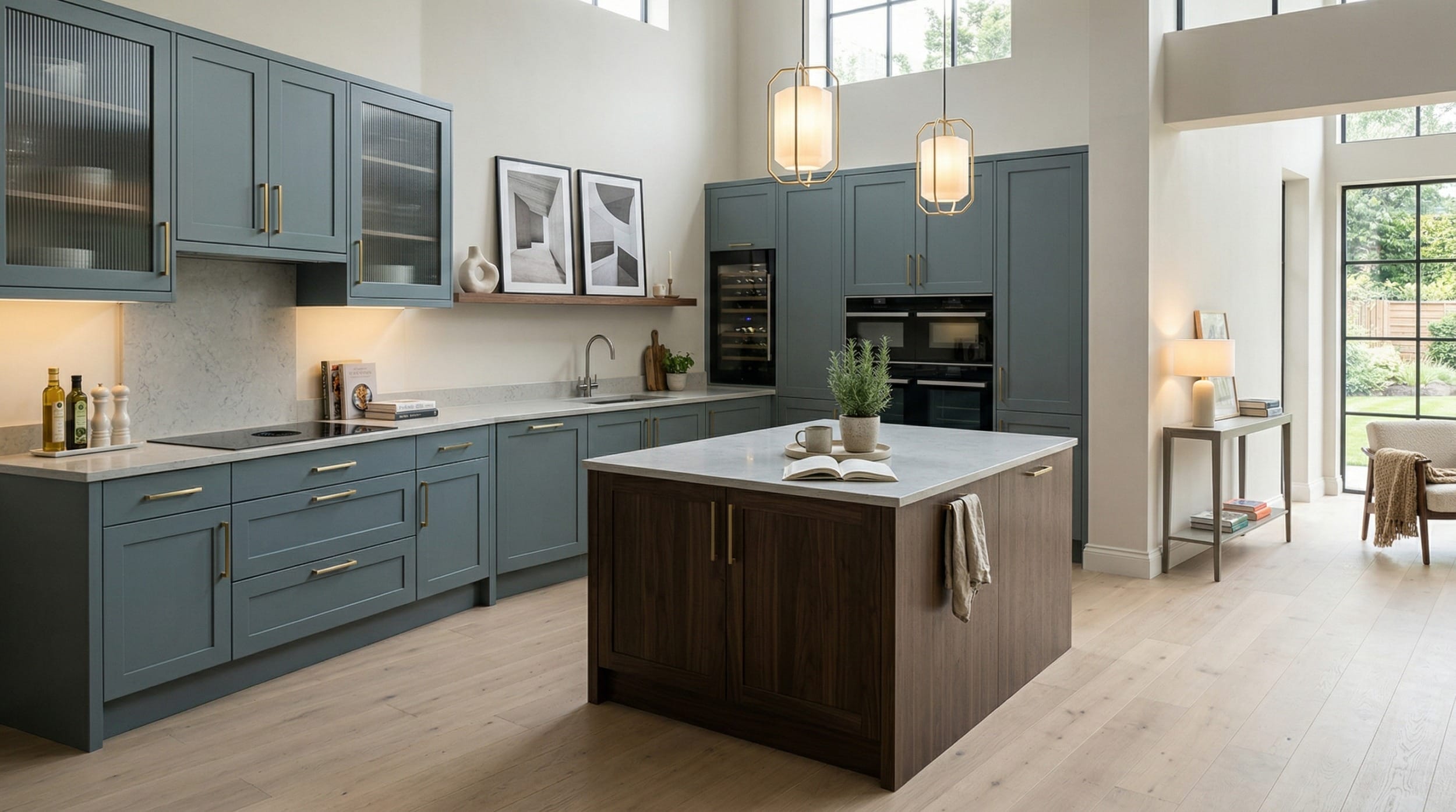 hero_1200x675-132 Wide view of a newly completed bespoke Mastercraft kitchen, contemporary painted lay-on cabinetry in slate blue tones