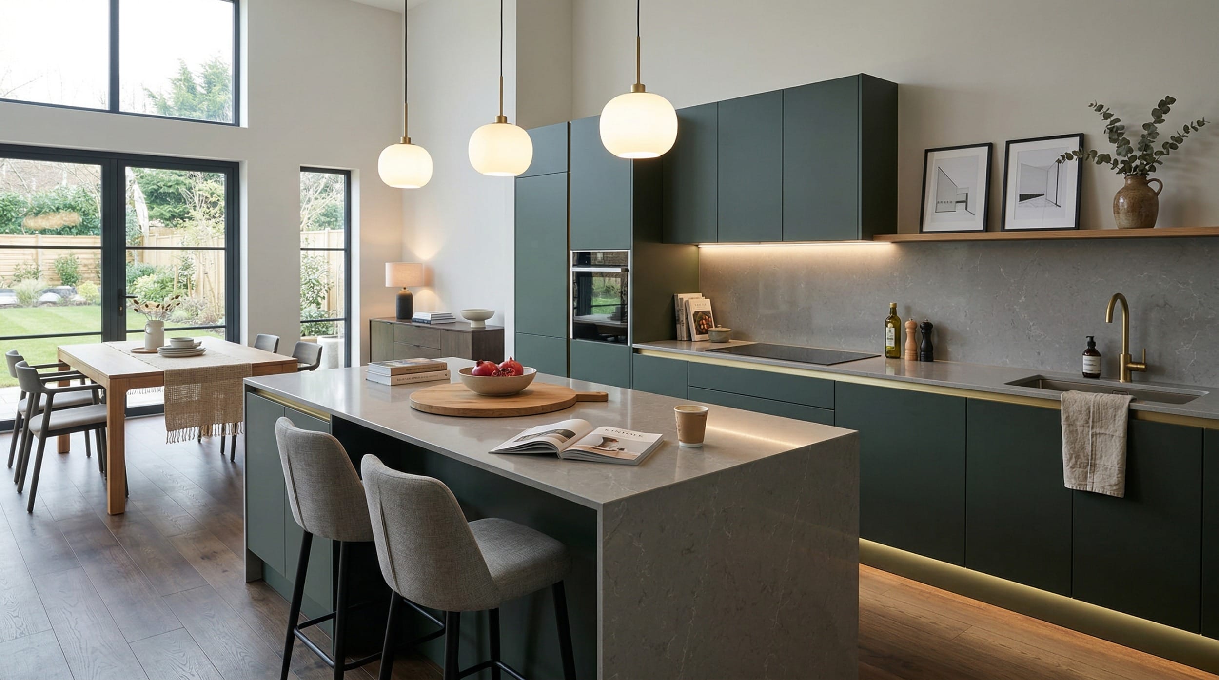 Wide view of a newly completed bespoke Mastercraft kitchen, modern shaker cabinetry in mussel tones