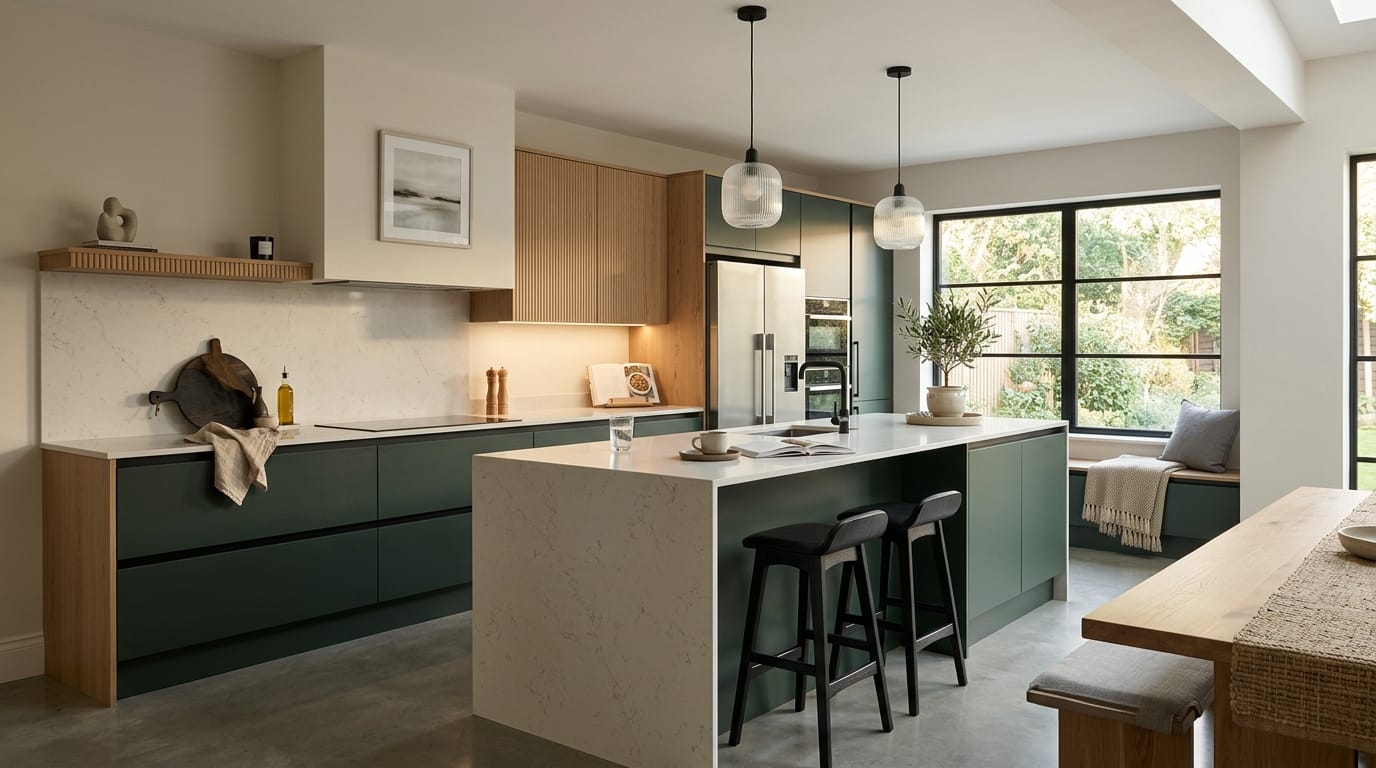hero_1200x675-134 Wide view of a newly completed bespoke Mastercraft kitchen, modern shaker cabinetry in slate blue tones