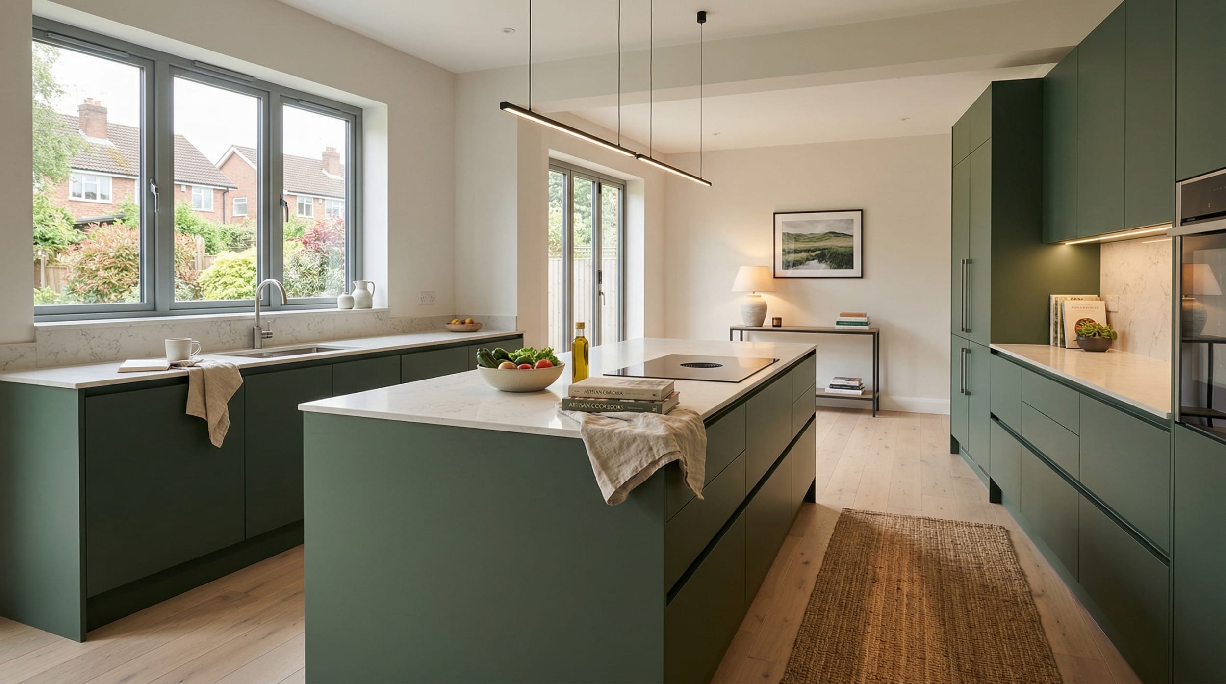 Wide view of a newly completed bespoke Mastercraft kitchen, contemporary painted lay-on cabinetry in brilliant white tones