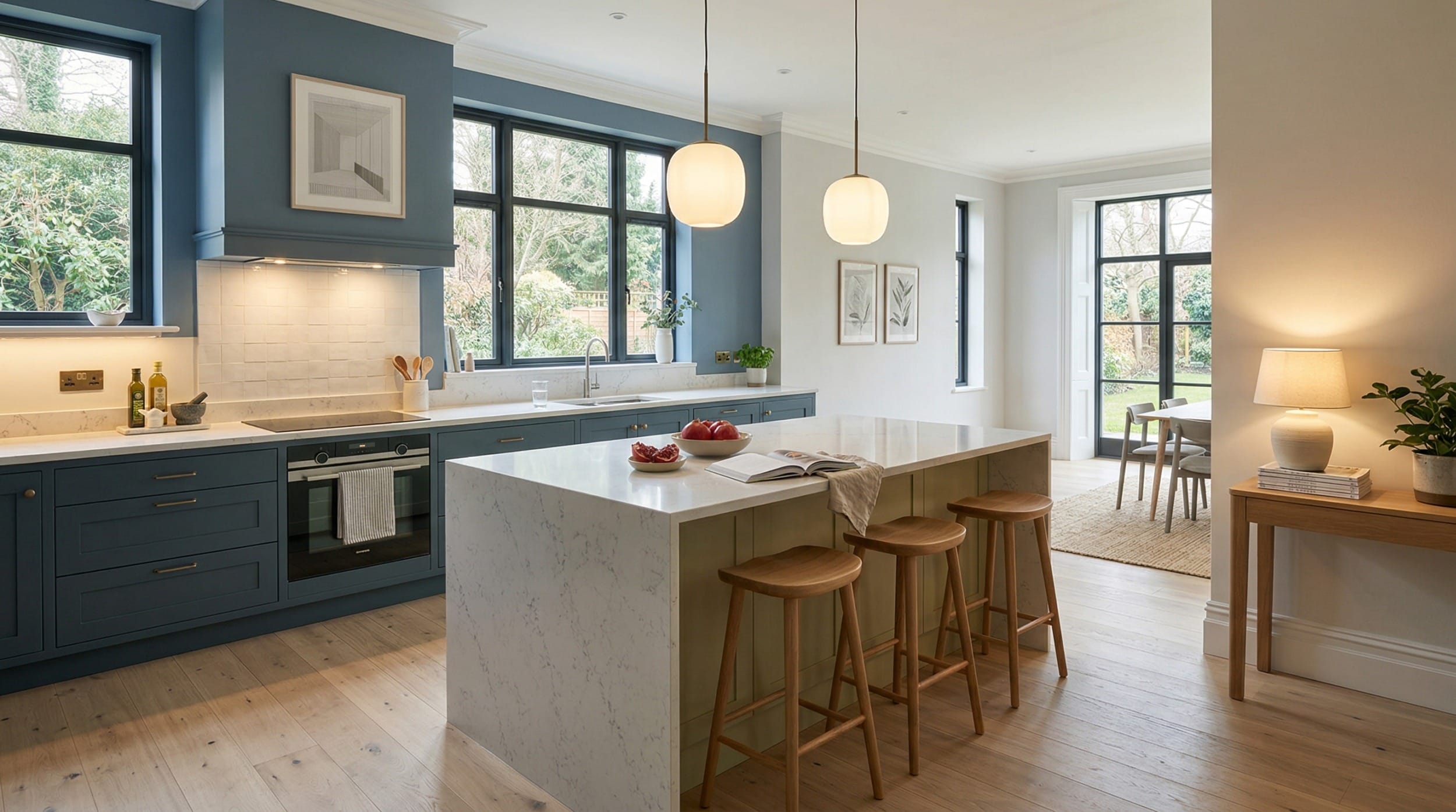 Wide view of a newly completed bespoke Mastercraft kitchen, matt painted handleless slab cabinetry in stone tones