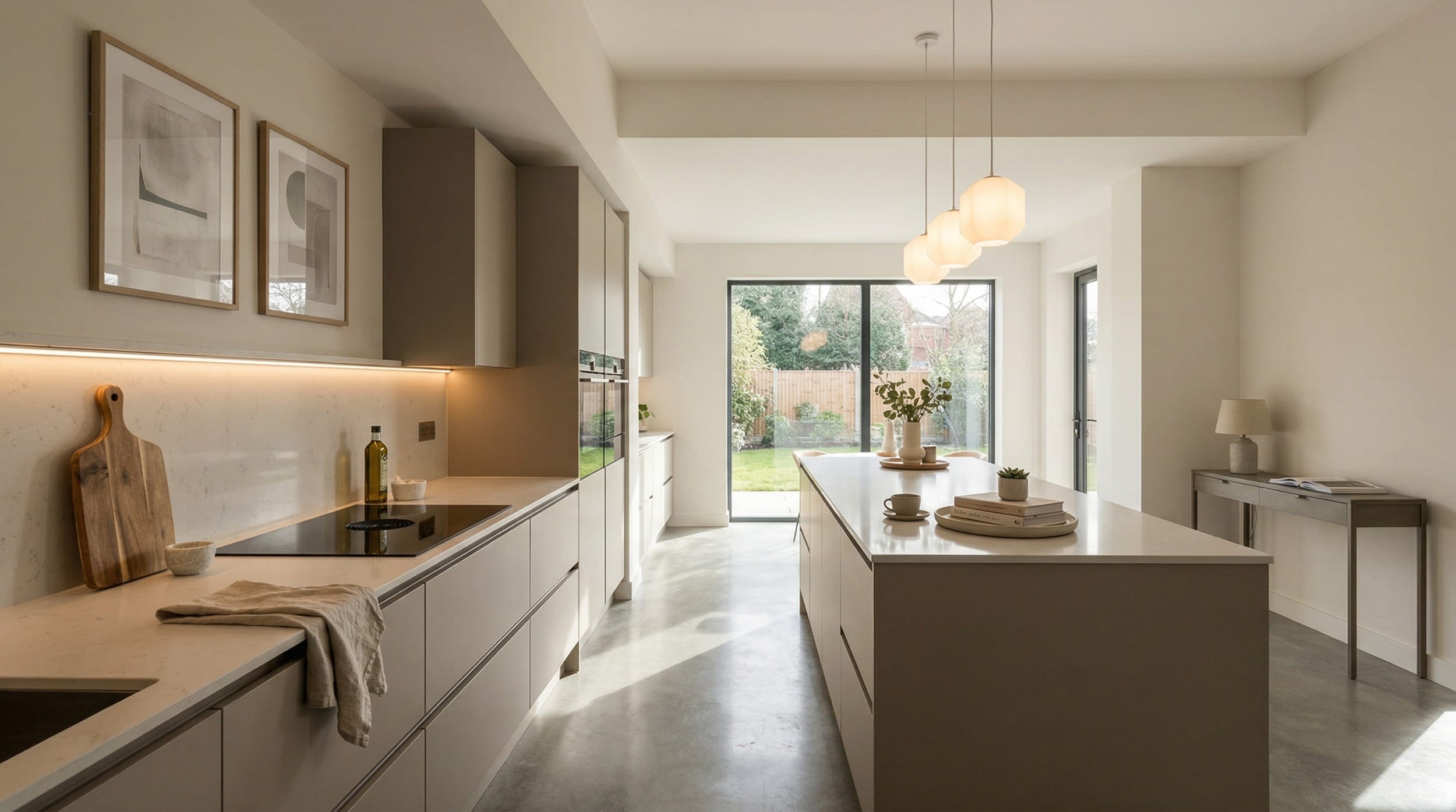 hero_1200x675-138 Wide view of a newly completed bespoke Mastercraft kitchen, modern shaker cabinetry in ivory tones