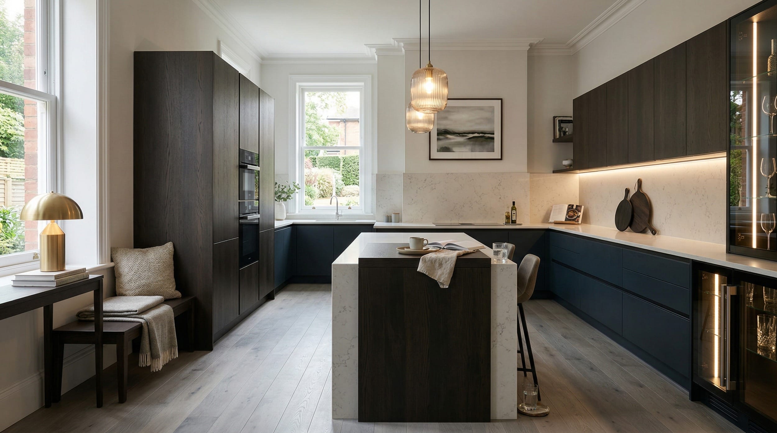 Wide view of a newly completed bespoke Mastercraft kitchen, modern shaker cabinetry in deep forest tones