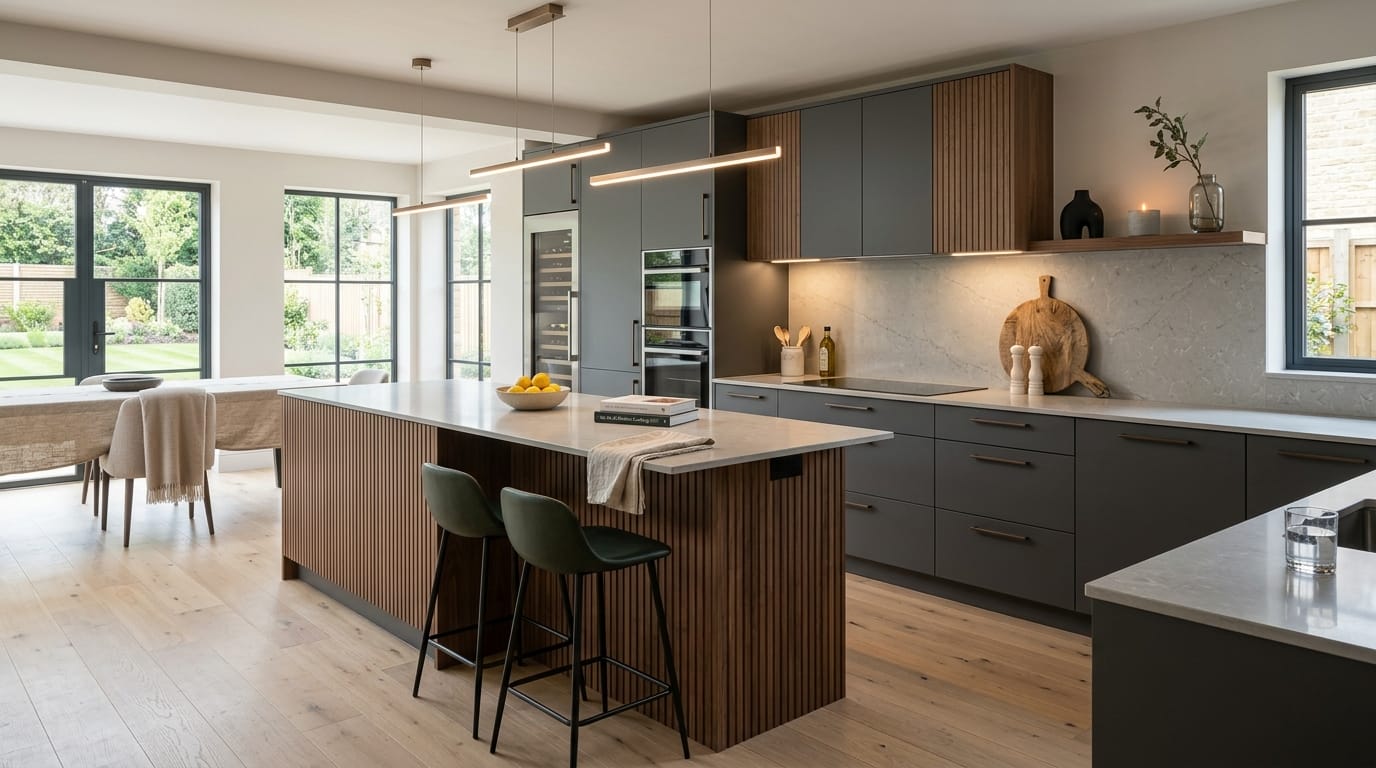 Wide view of a newly completed bespoke Mastercraft kitchen, timber veneer slab-door cabinetry in porcelain tones