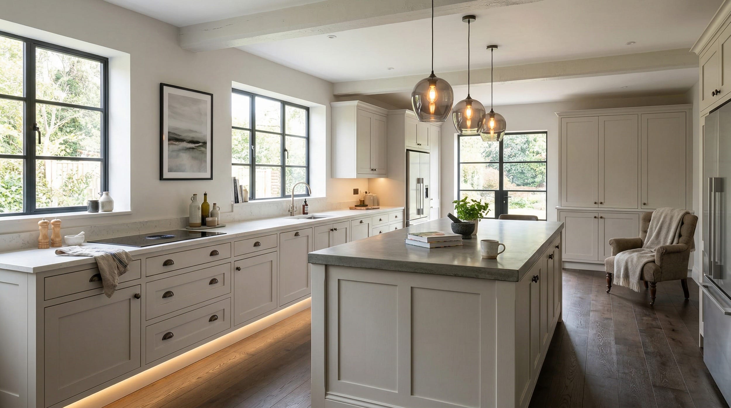 hero_1200x675-140 Wide view of a newly completed bespoke Mastercraft kitchen, timber veneer slab-door cabinetry in willow tones