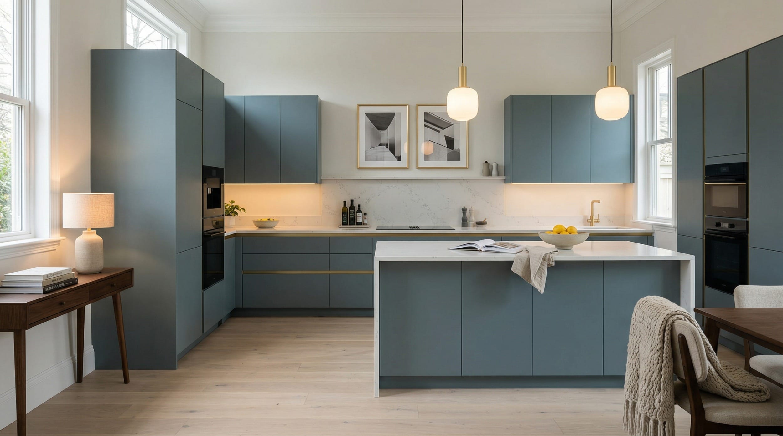 hero_1200x675-141 Wide view of a newly completed bespoke Mastercraft kitchen, contemporary painted lay-on cabinetry in reed green tones