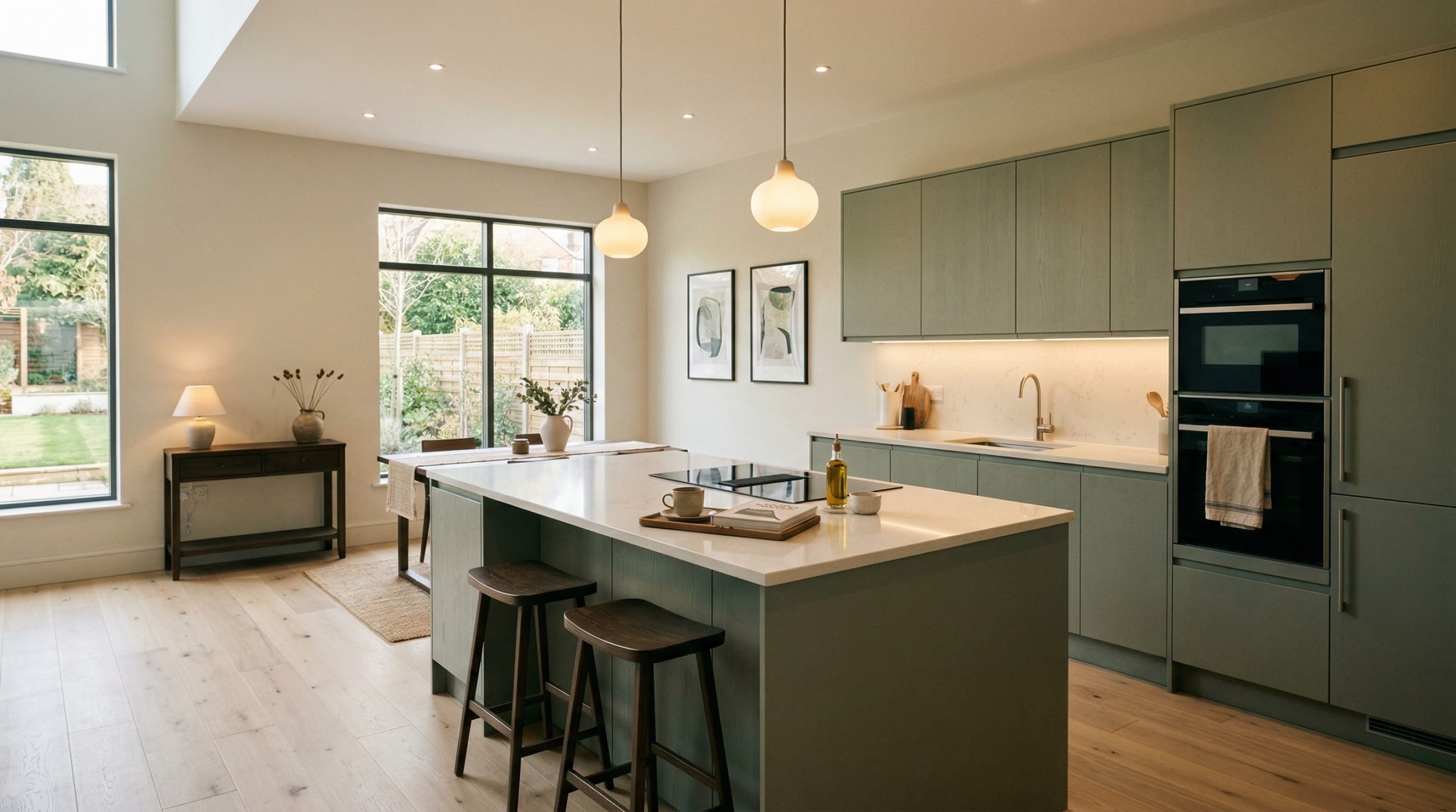Wide view of a newly completed bespoke Mastercraft kitchen, timber veneer slab-door cabinetry in brilliant white tones