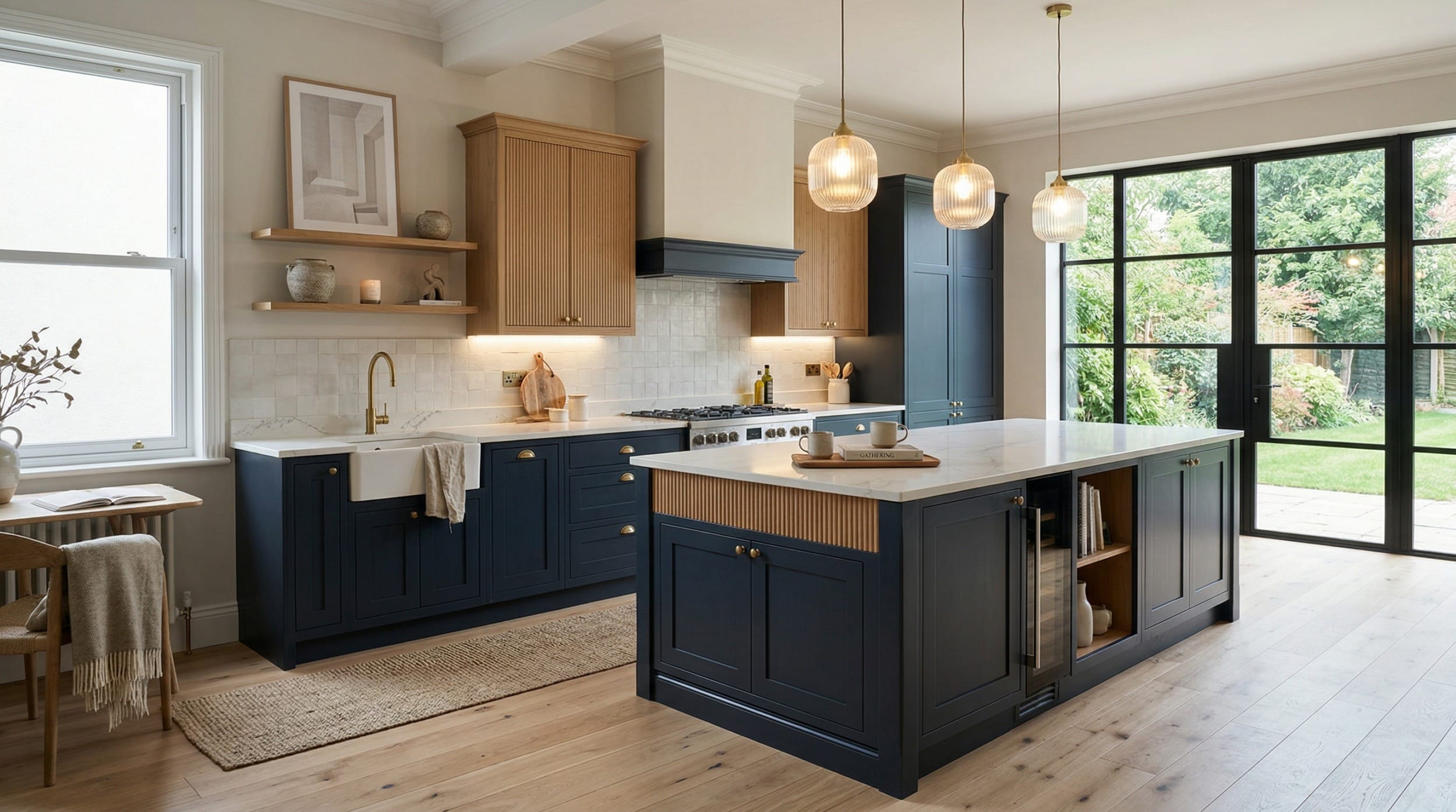 Wide view of a newly completed bespoke Mastercraft kitchen, matt painted handleless slab cabinetry in cannon black tones