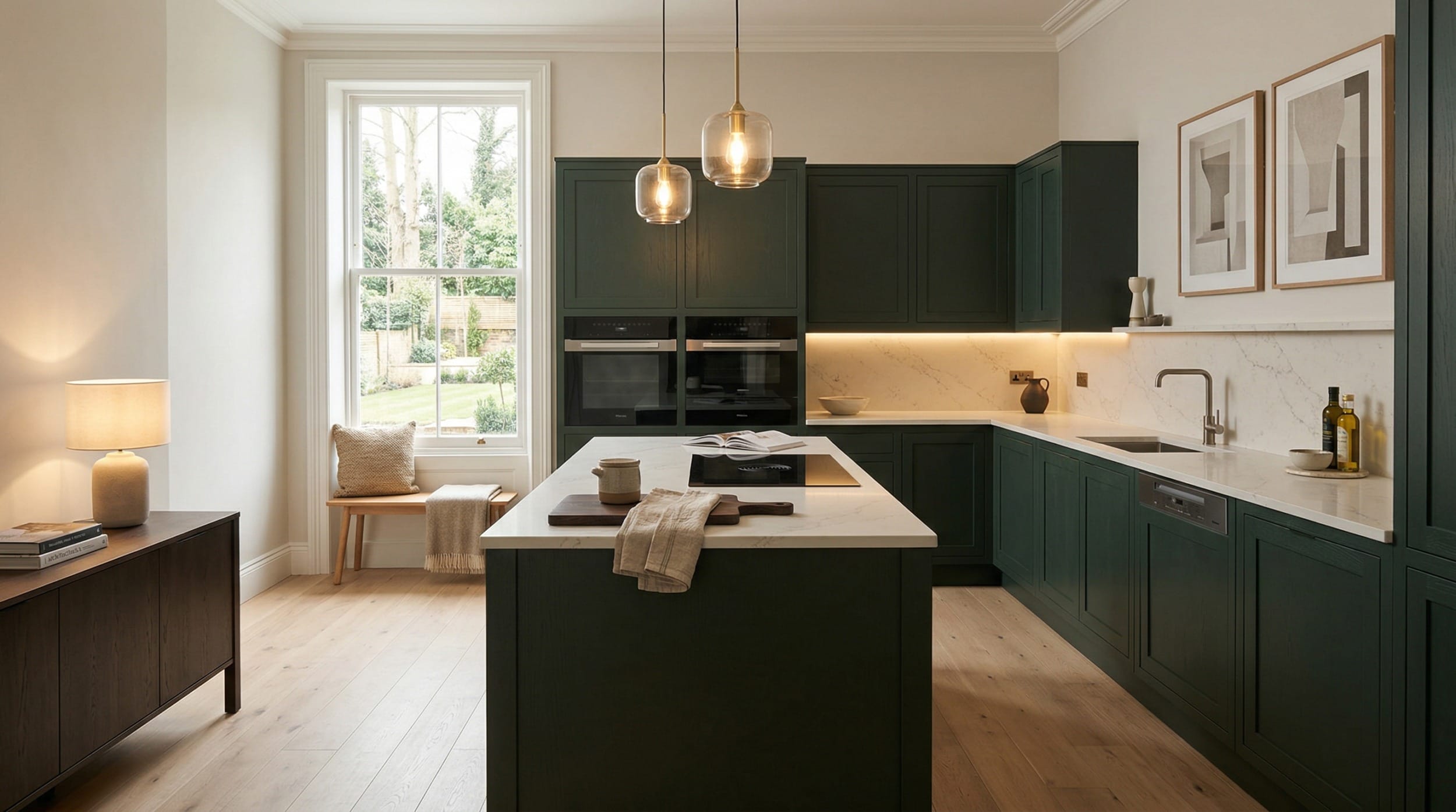 Wide view of a newly completed bespoke Mastercraft kitchen, matt painted handleless slab cabinetry in mussel tones