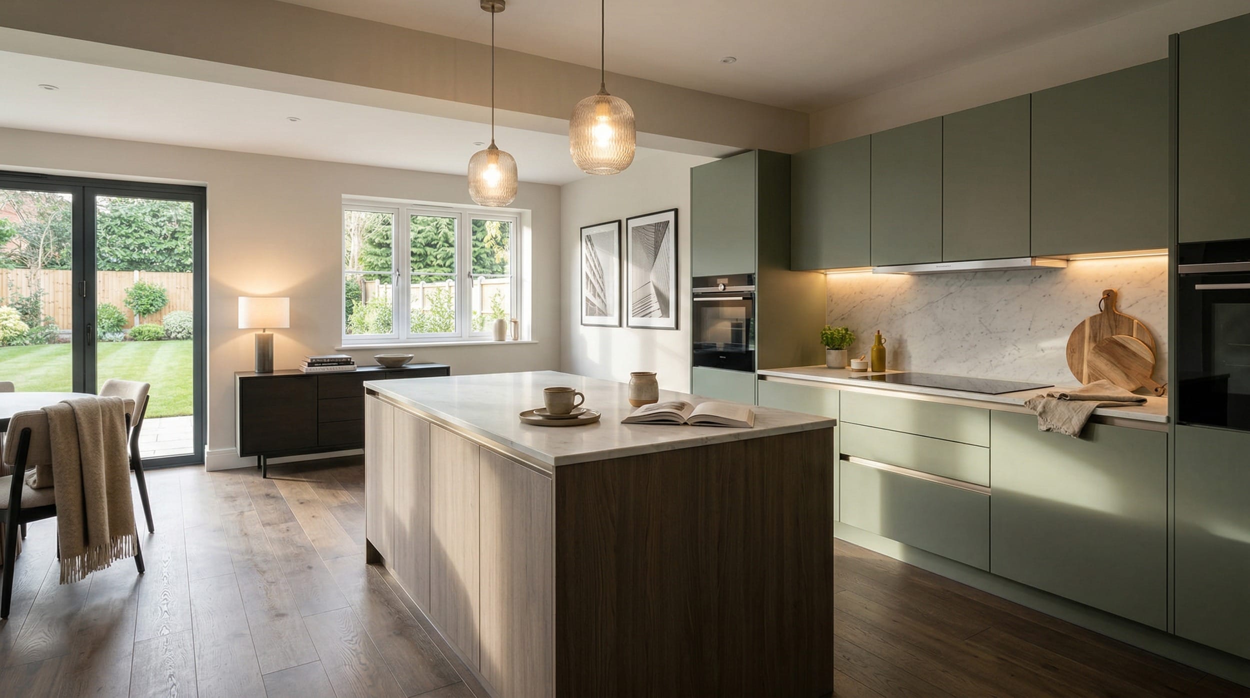 Wide view of a newly completed bespoke Mastercraft kitchen, matt painted handleless slab cabinetry in cardamom tones