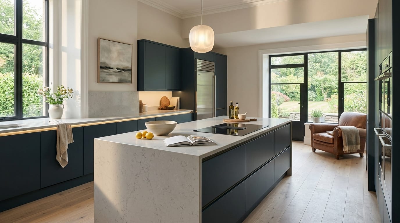 Wide view of a newly completed bespoke Mastercraft kitchen, matt painted handleless slab cabinetry in marine tones