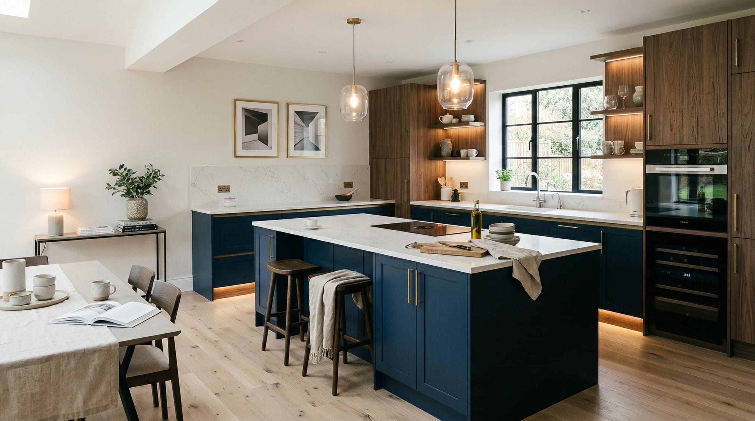 hero_1200x675-150 Wide view of a newly completed bespoke Mastercraft kitchen, timber veneer slab-door cabinetry in airforce tones