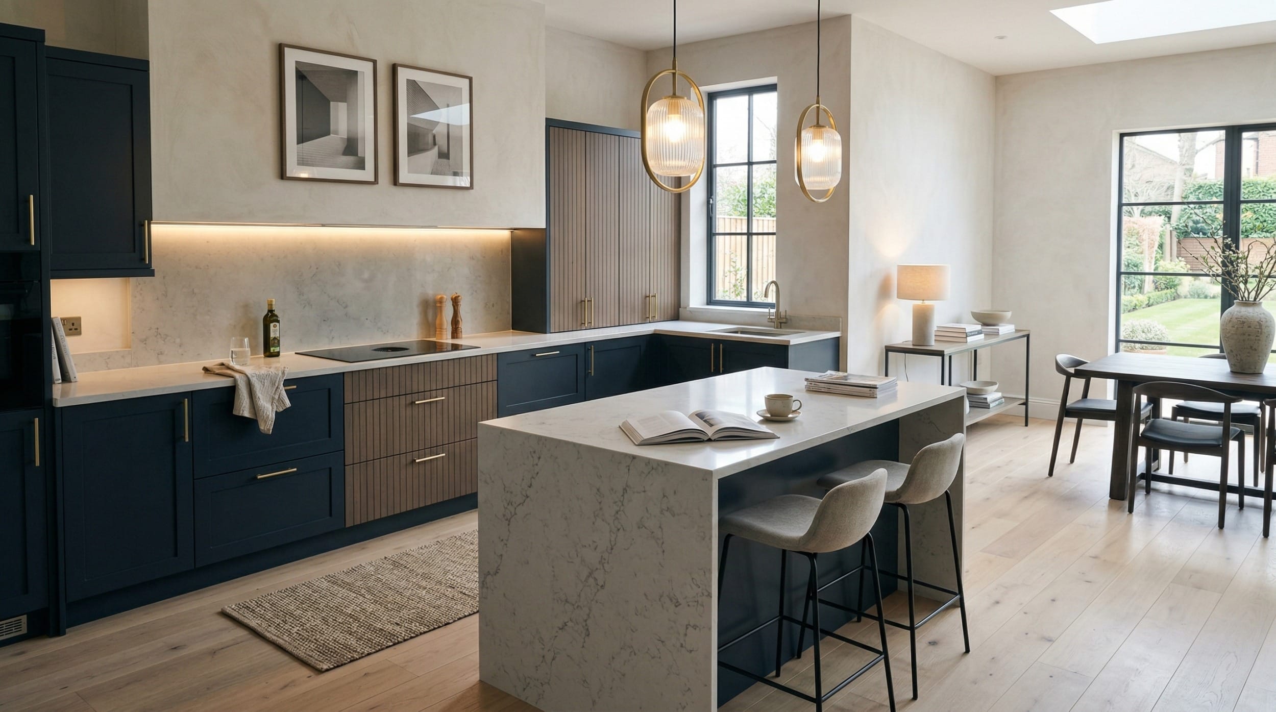 hero_1200x675-151 Wide view of a newly completed bespoke Mastercraft kitchen, contemporary painted lay-on cabinetry in monument grey tones