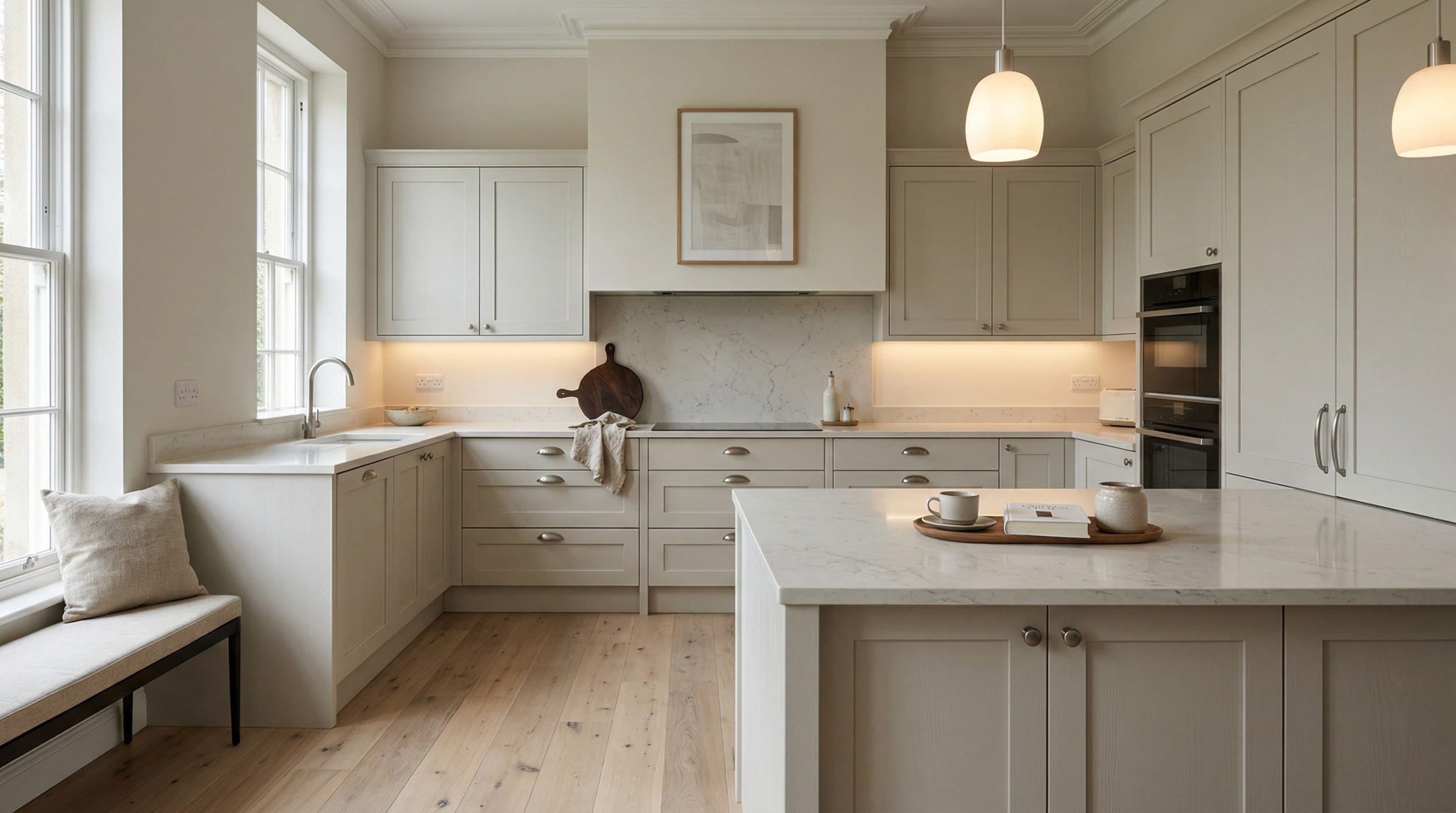 hero_1200x675-154 Wide view of a newly completed bespoke Mastercraft kitchen, matt painted handleless slab cabinetry in heritage green tones