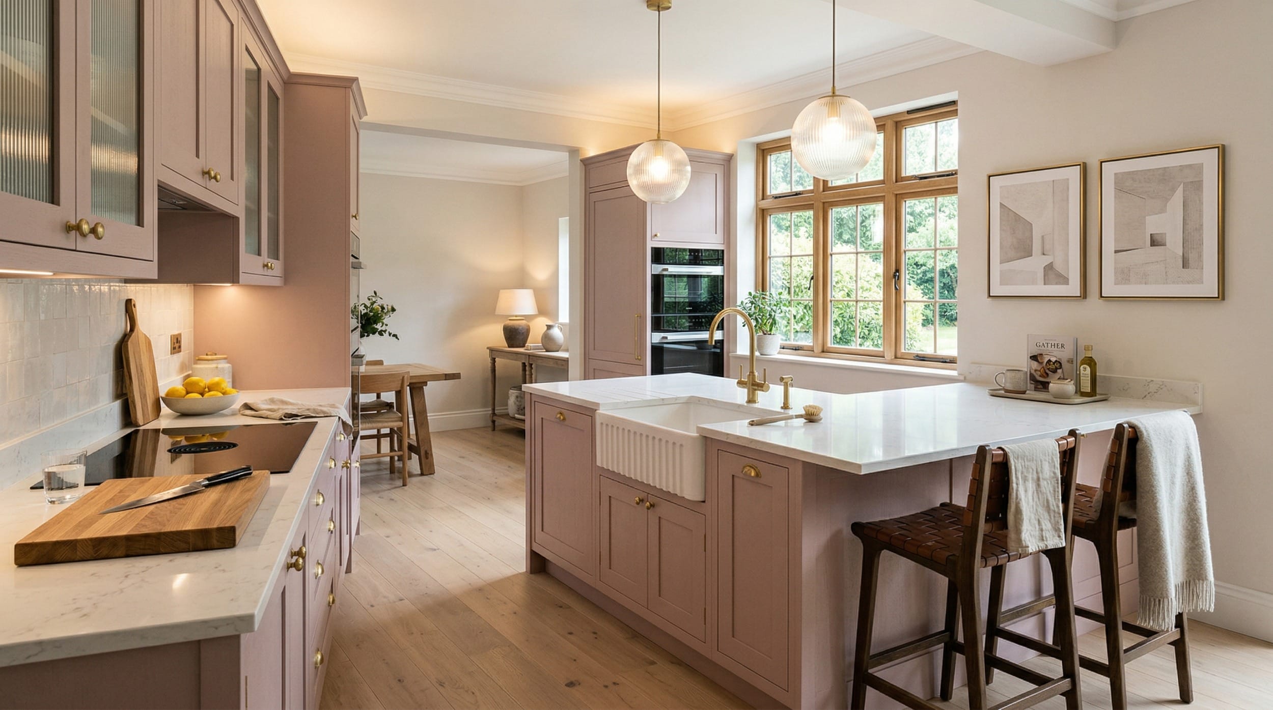 hero_1200x675-155 Wide view of a newly completed bespoke Mastercraft kitchen, timber veneer slab-door cabinetry in deep forest tones