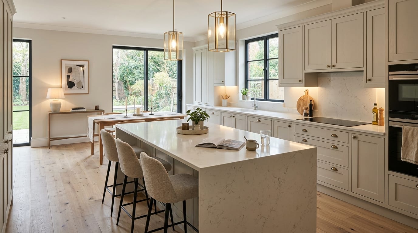 hero_1200x675-156 Wide view of a newly completed bespoke Mastercraft kitchen, modern shaker cabinetry in deep forest tones