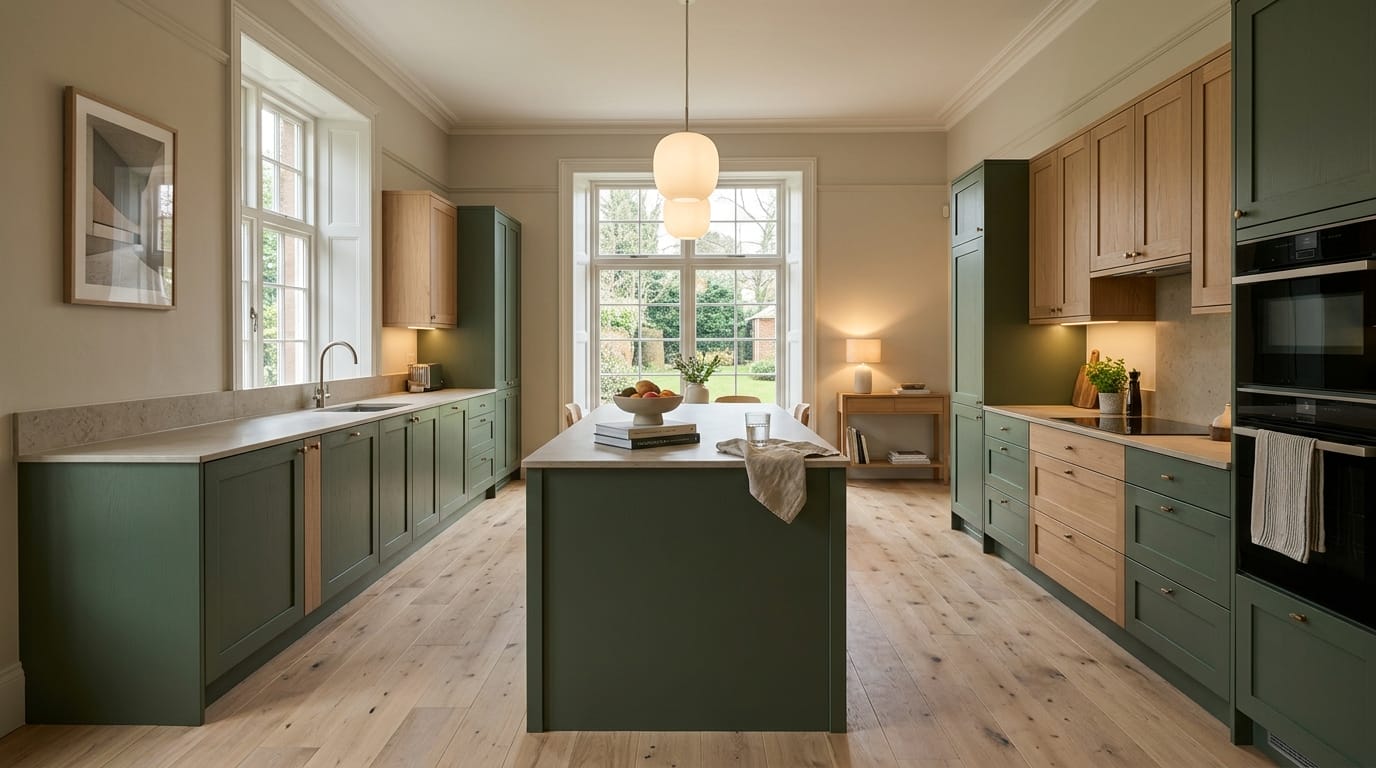 hero_1200x675-16 Wide view of a newly completed bespoke Mastercraft kitchen, timber veneer slab-door cabinetry in light grey tones