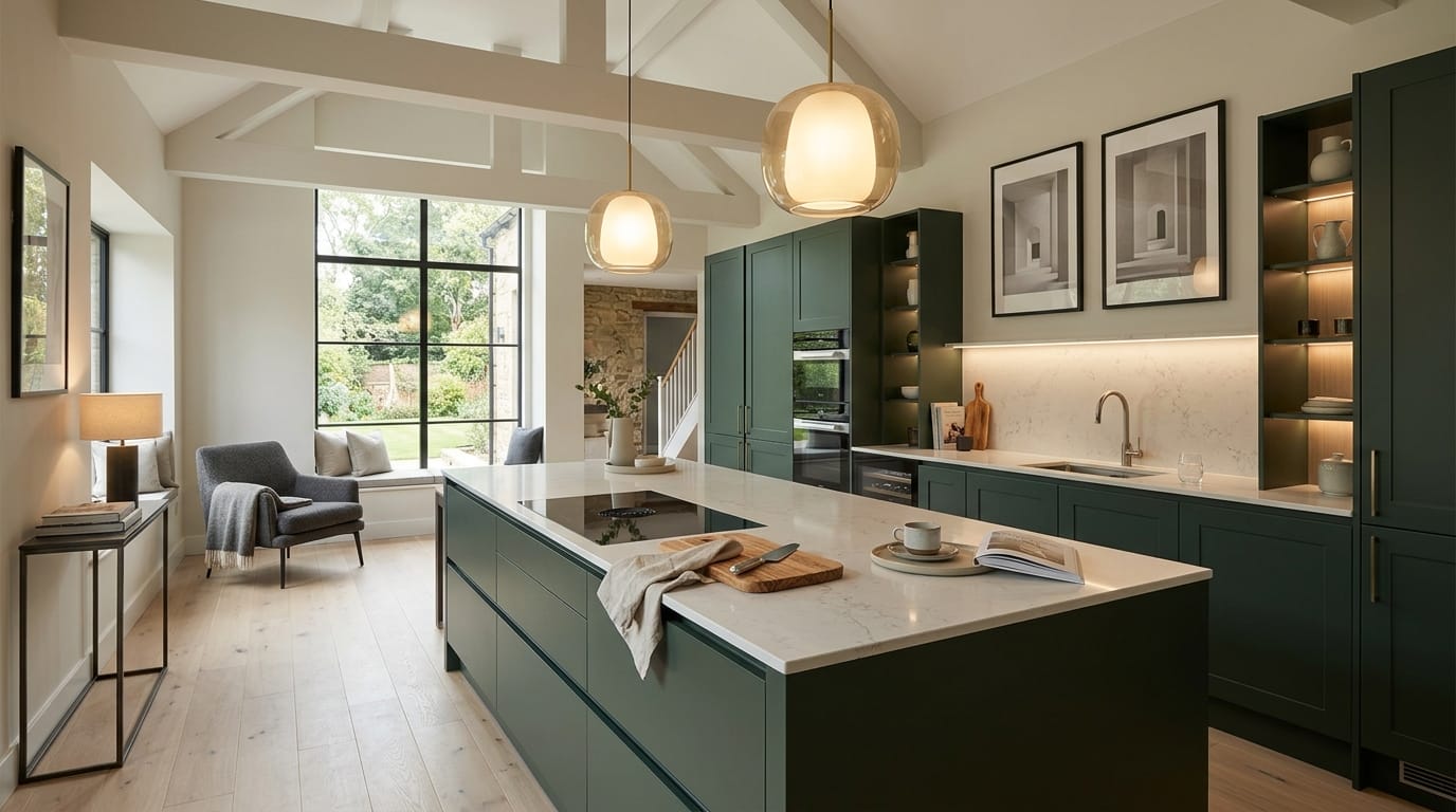 Wide view of a newly completed bespoke Mastercraft kitchen, contemporary painted lay-on cabinetry in mussel tones
