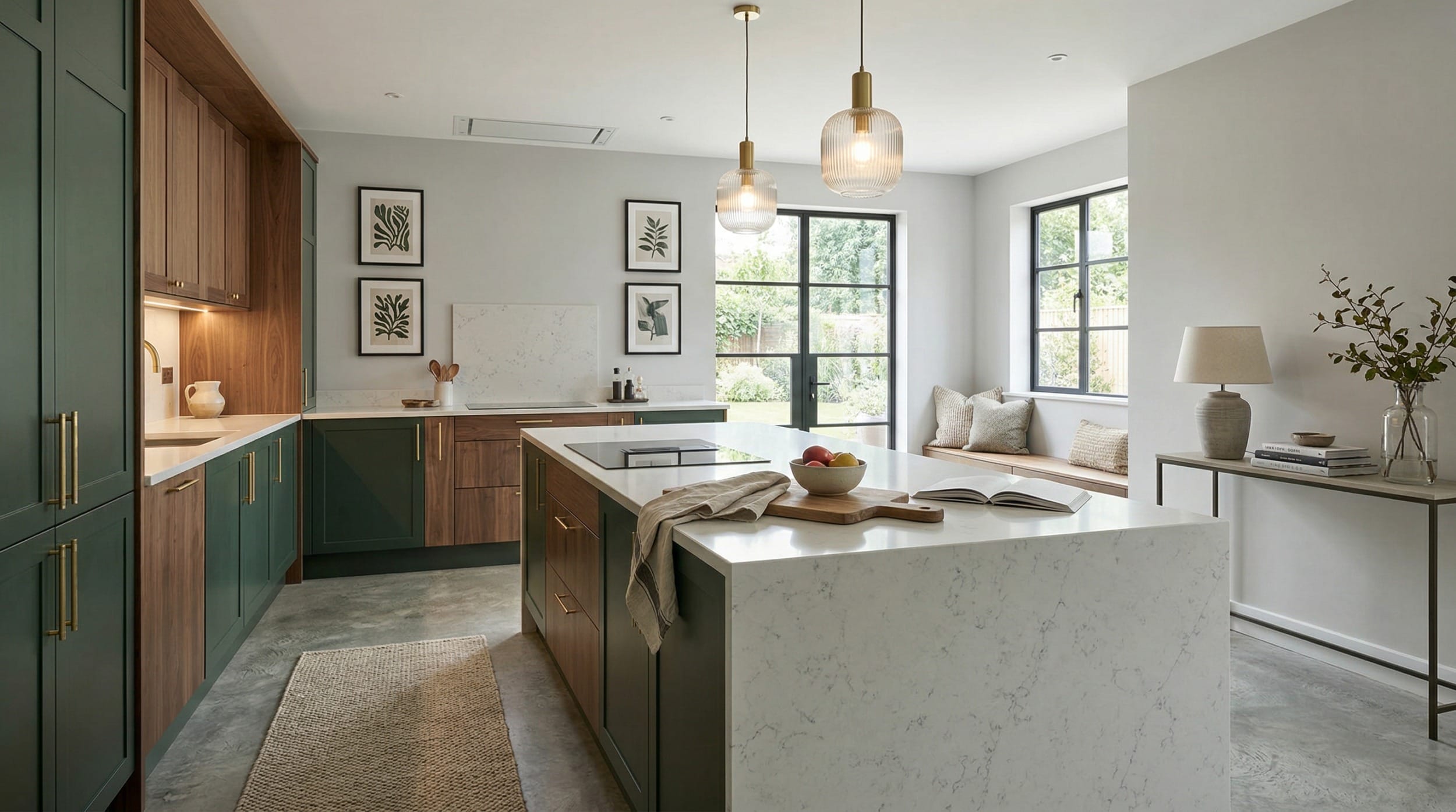 Wide view of a newly completed bespoke Mastercraft kitchen, modern shaker cabinetry in mussel tones