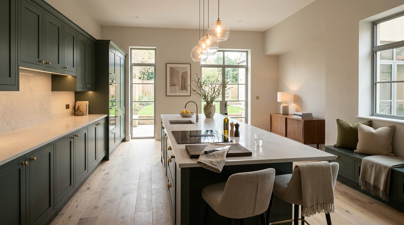 Wide view of a newly completed bespoke Mastercraft kitchen, matt painted handleless slab cabinetry in taupe grey tones