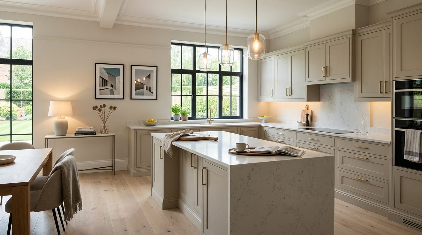 hero_1200x675-19 Wide view of a newly completed bespoke Mastercraft kitchen, contemporary painted lay-on cabinetry in taupe grey tones
