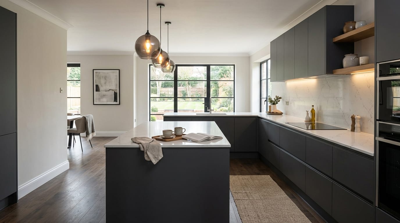 hero_1200x675-2 Wide view of a newly completed bespoke Mastercraft kitchen in a Chester home, matt painted handleless slab cabinetry in lava tones