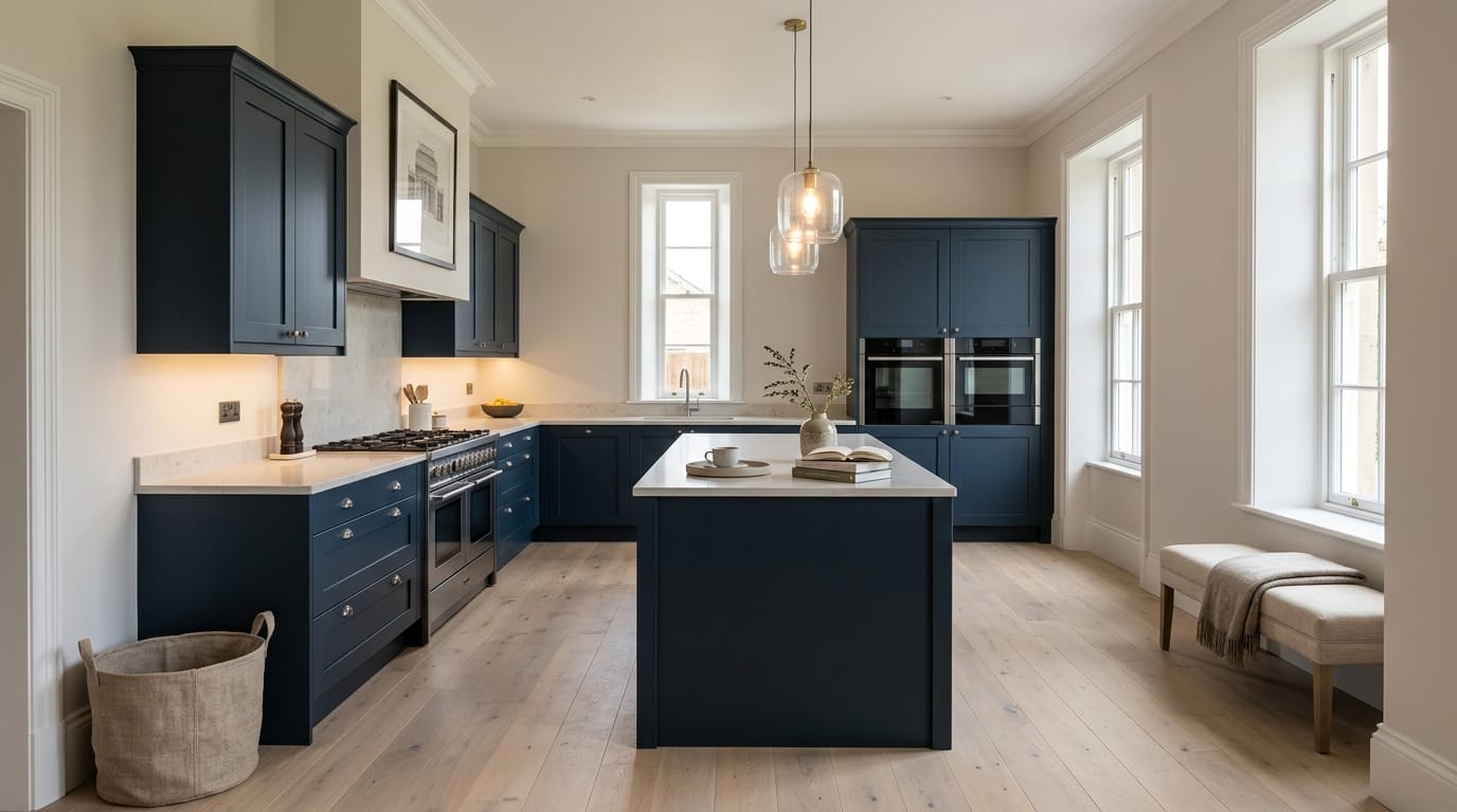 Wide view of a newly completed bespoke Mastercraft kitchen, modern shaker cabinetry in graphite tones