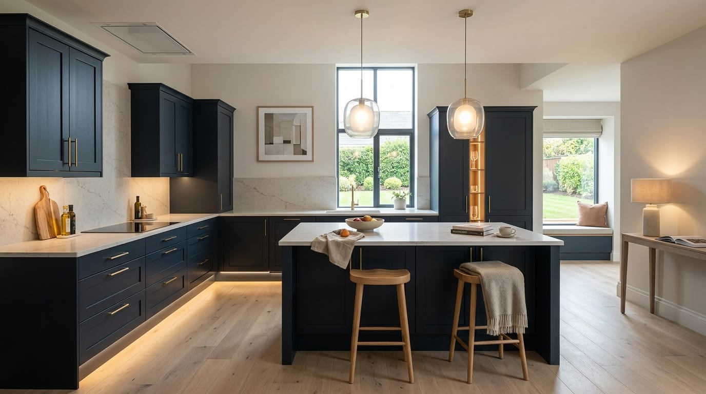 Wide view of a newly completed bespoke Mastercraft kitchen, modern shaker cabinetry in cannon black tones