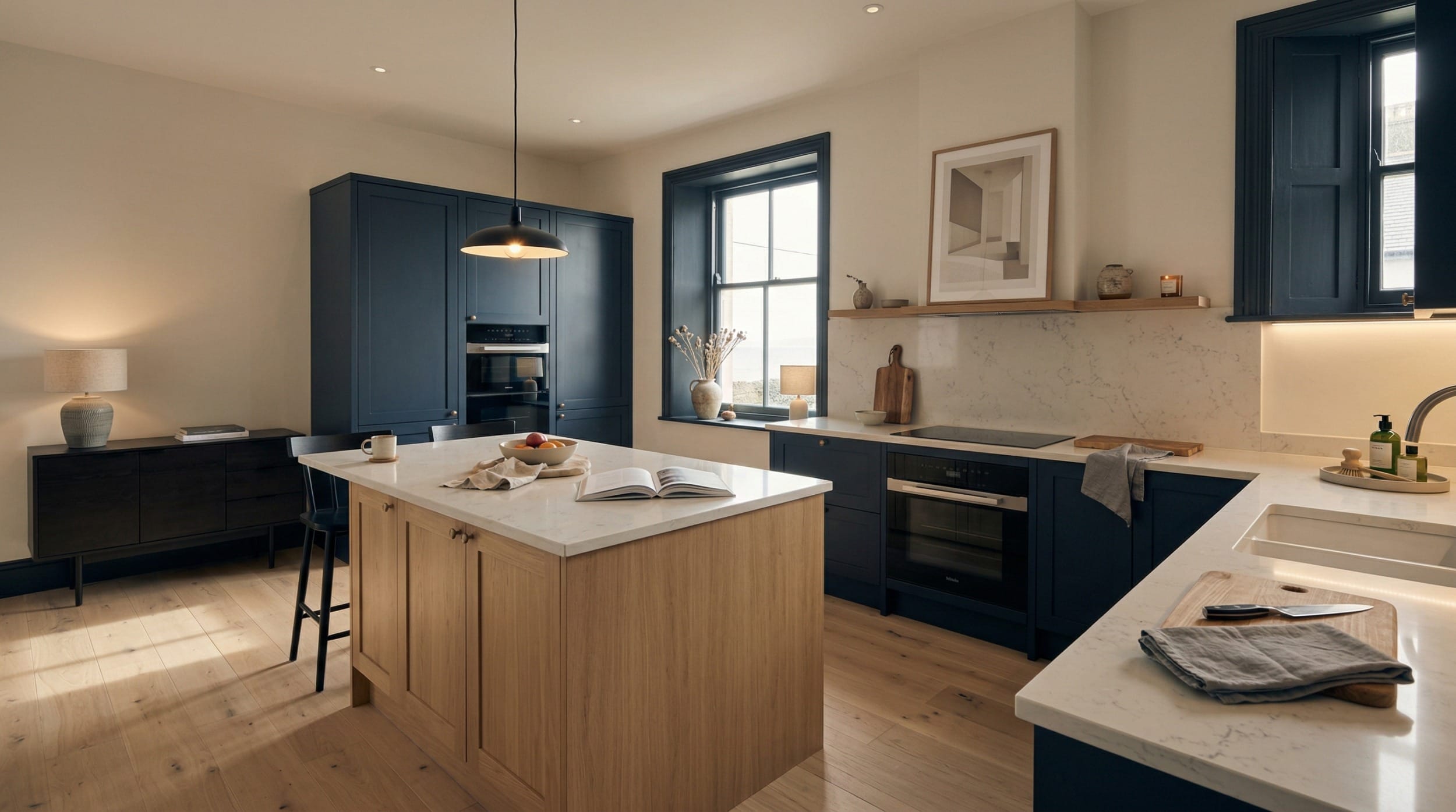 Wide view of a newly completed bespoke Mastercraft kitchen, timber veneer slab-door cabinetry in viridian tones