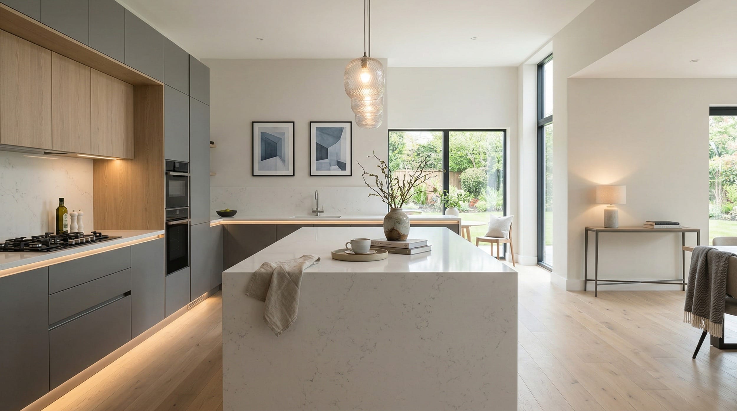 hero_1200x675-209 Wide view of a newly completed bespoke Mastercraft kitchen, contemporary painted lay-on cabinetry in sage green tones