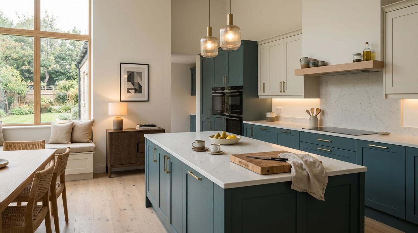hero_1200x675-21 Wide view of a newly completed bespoke Mastercraft kitchen, modern shaker cabinetry in viridian tones