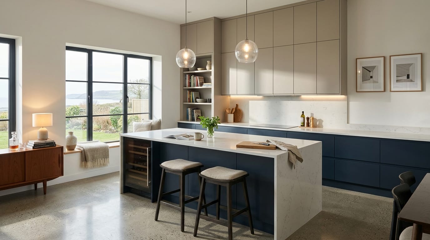 Wide view of a newly completed bespoke Mastercraft kitchen, contemporary painted lay-on cabinetry in monument grey tones